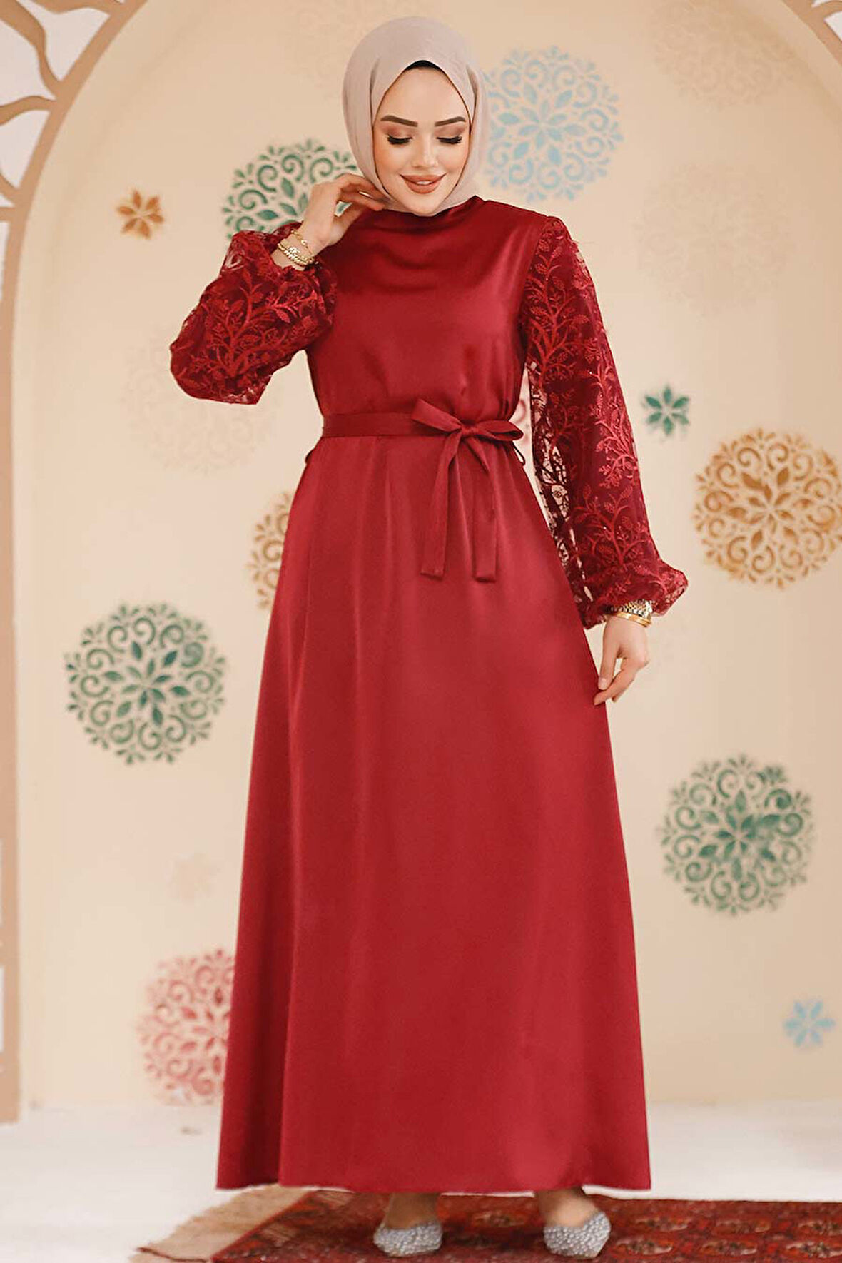 Balon Kol Bordo Tesettür Abiye Elbise 61512BR