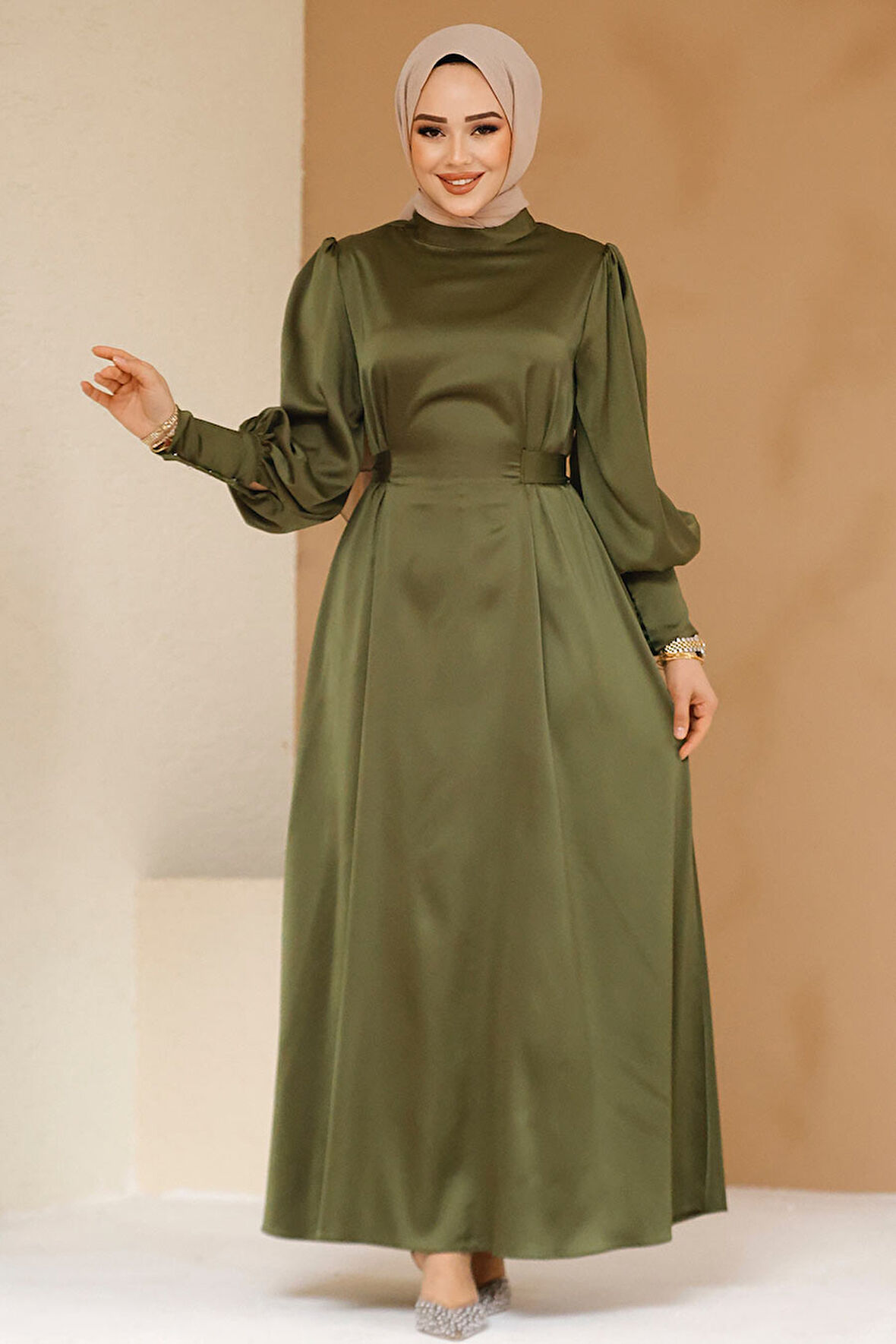 Saten Haki Tesettür Abiye Elbise 61651HK