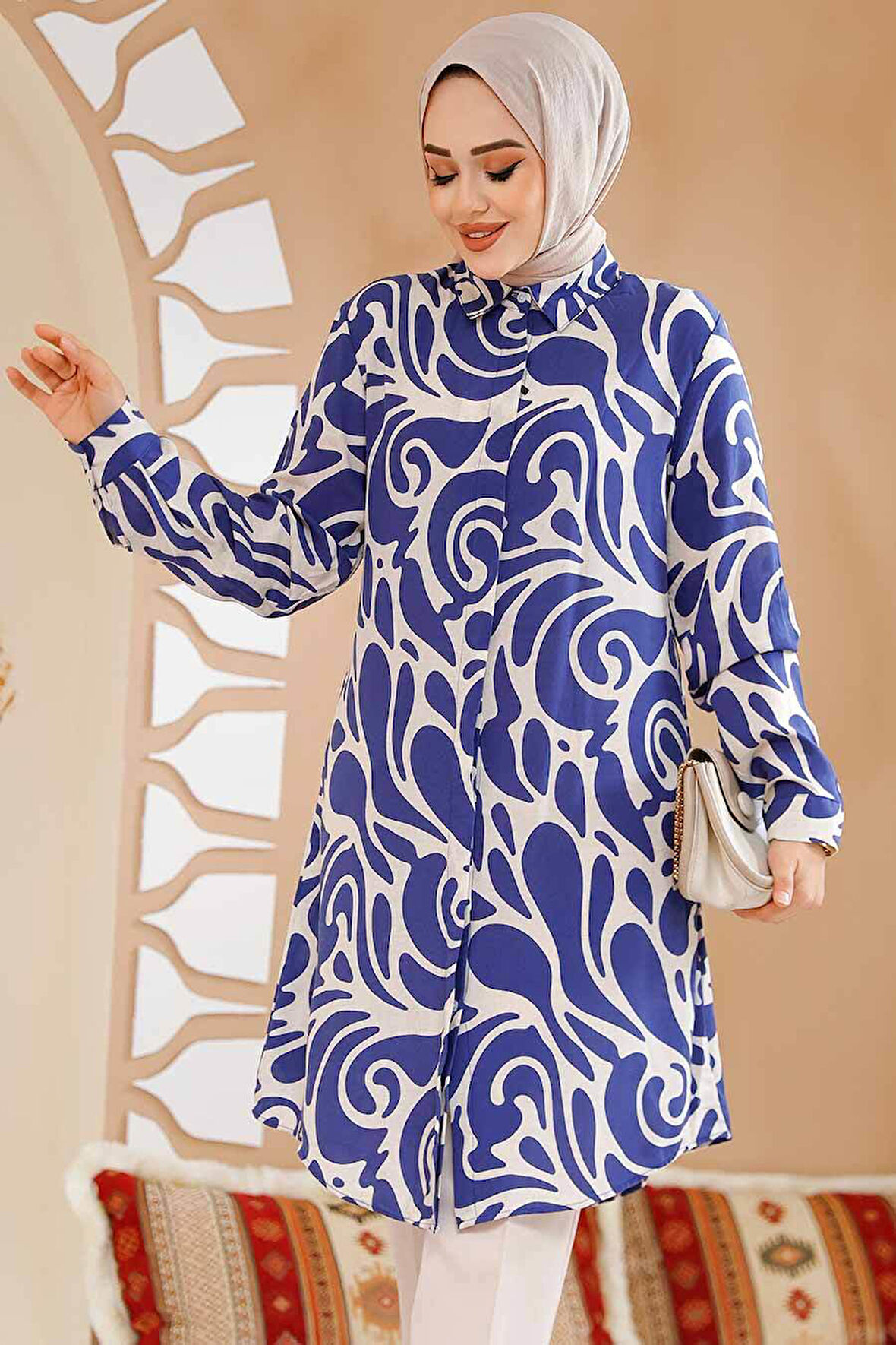 Desenli Lacivert Tesettür Tunik 11711L