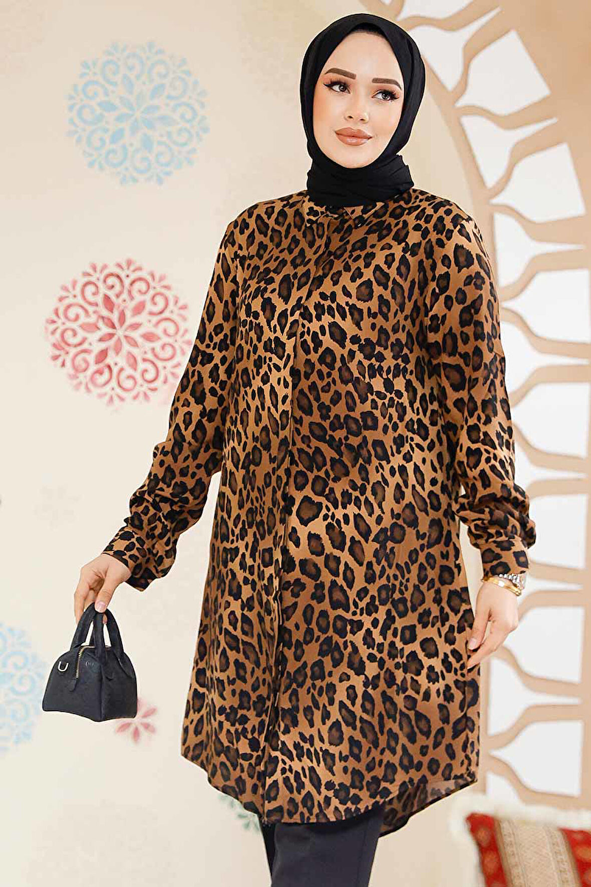 Desenli Leopar Tesettür Tunik 11716LP