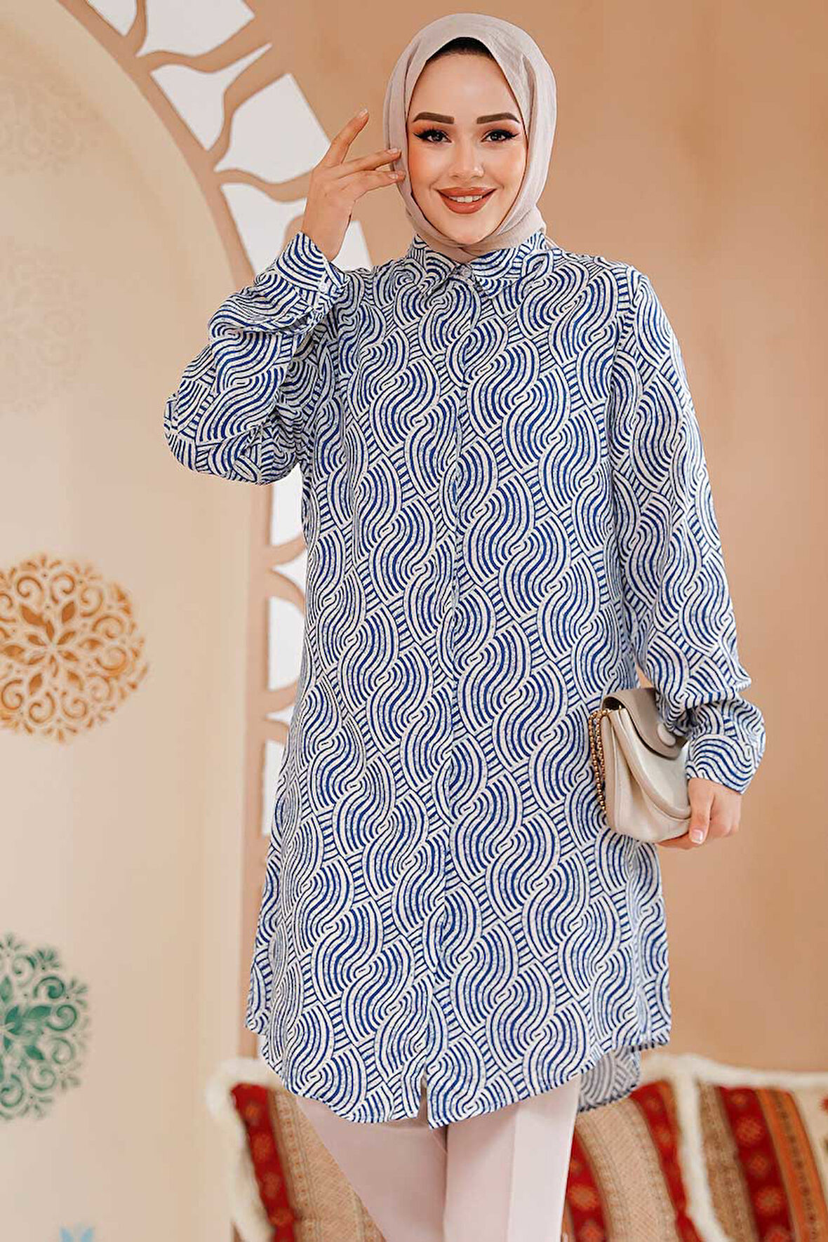Desenli İndigo Mavisi Tesettür Tunik 11719IM