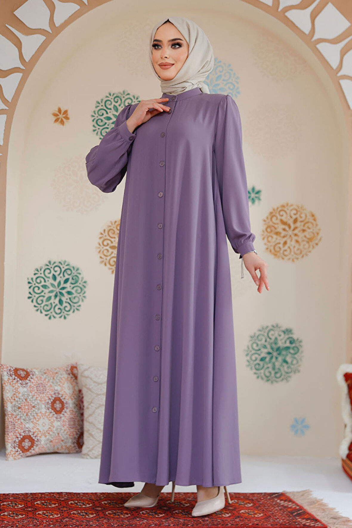 Düğmeli Lila Tesettür Abaya 45283LILA