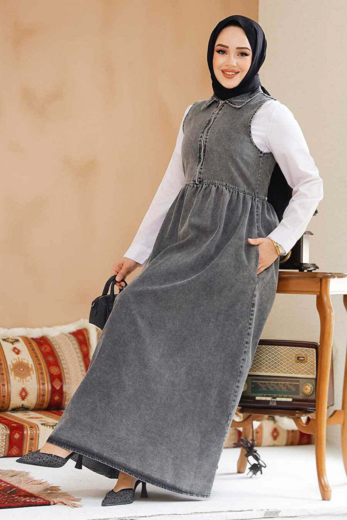 Fermuarlı Kot Antrasit Tesettür Jile Elbise 19135ANT