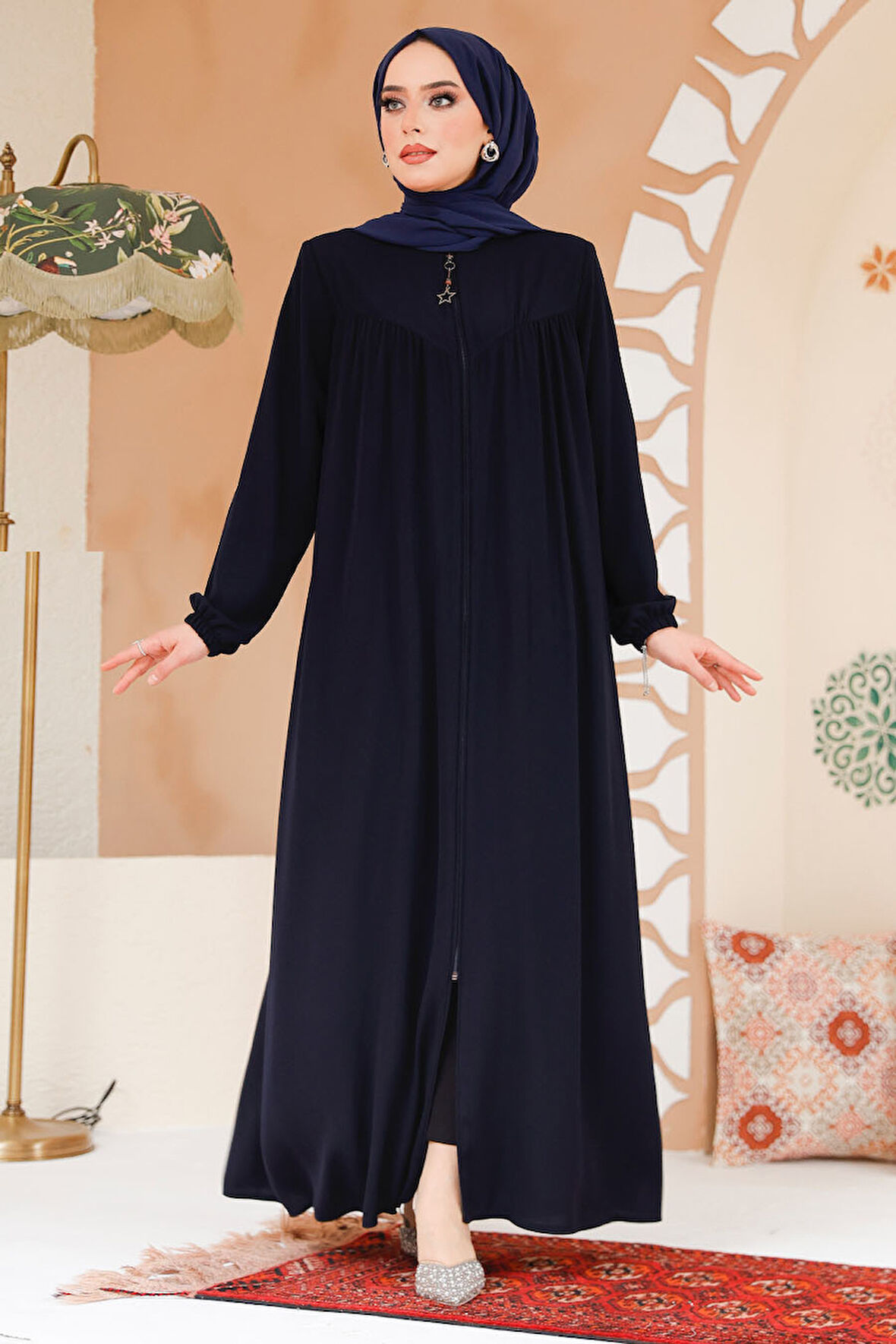 Fermuarlı Lacivert Tesettür Ferace 45285L