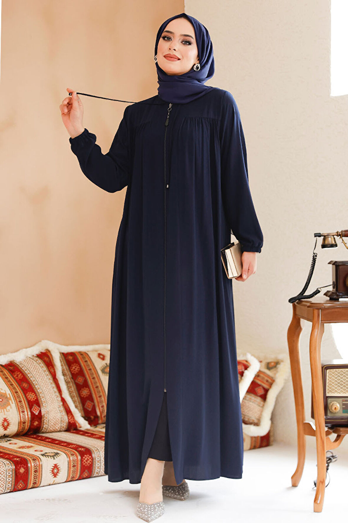Fermuarlı Lacivert Tesettür Ferace 45290L