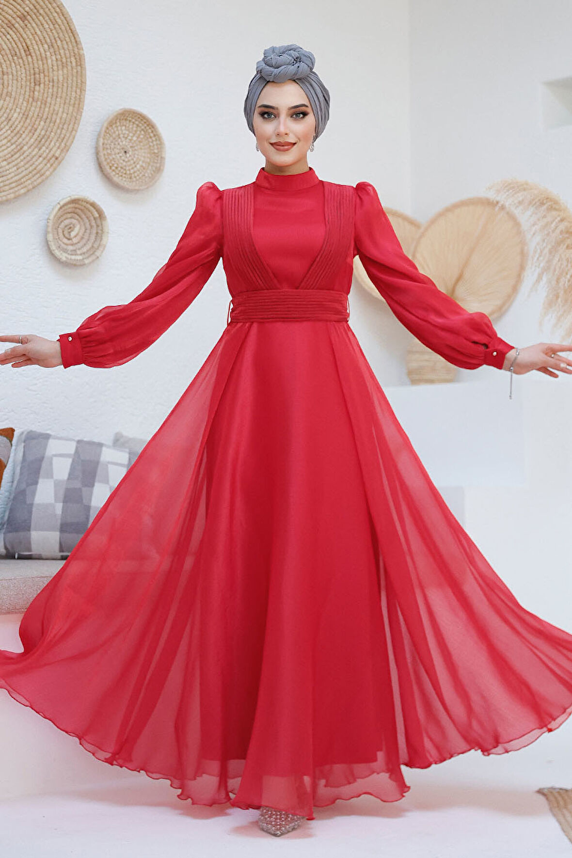 Drape Detaylı Kırmızı Tesettür Abiye Elbise 45701K
