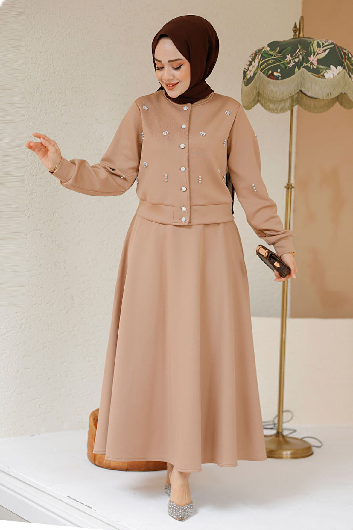 Boncuk Detaylı Bisküvi Tesettür Etekli İkili Takım 1277BS