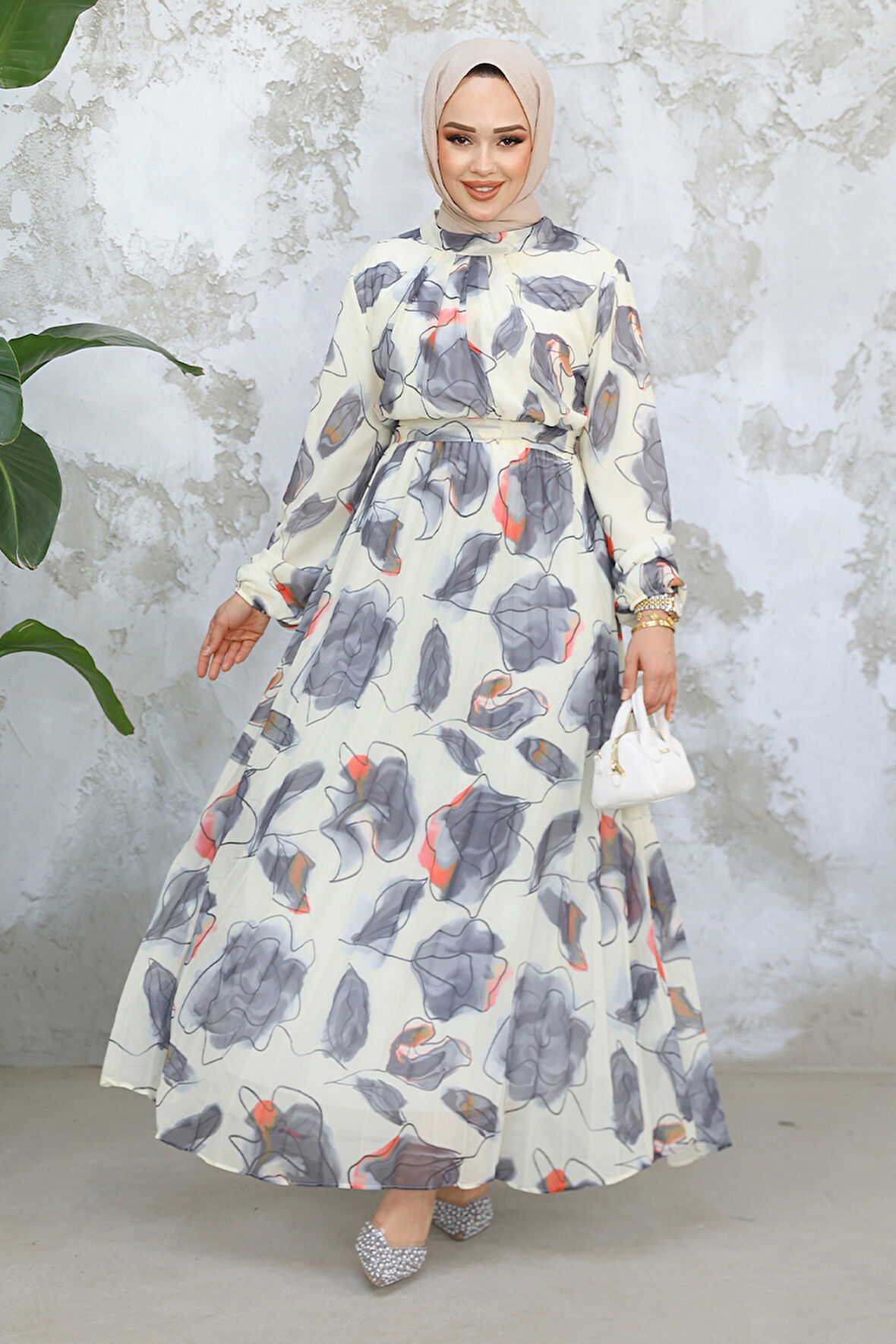 Desenli Gri Tesettür Elbise 344601GR