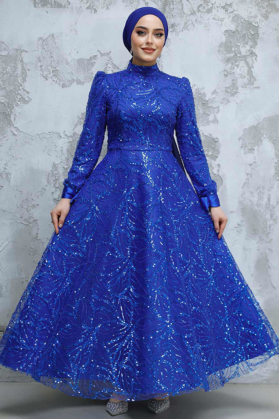 Payet Boncuk İşlemeli Sax Mavisi Tesettür Abiye Elbise 4908SX