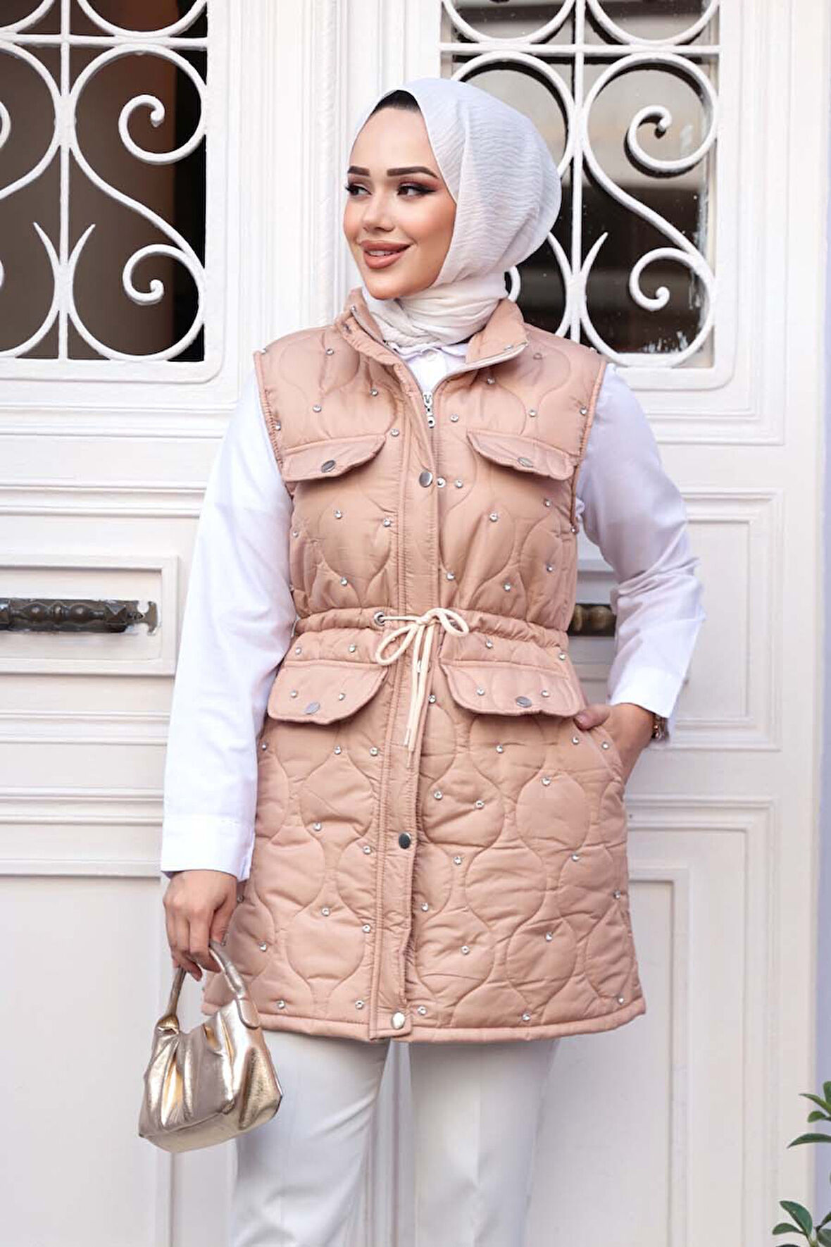 Boncuk Detaylı Bisküvi Tesettür Şişme Yelek 80321BS