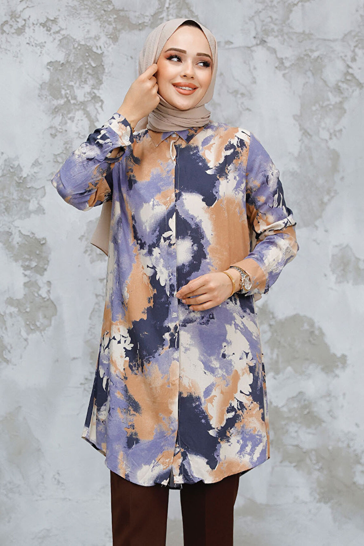 Desenli Camel Tesettür Tunik 11724C