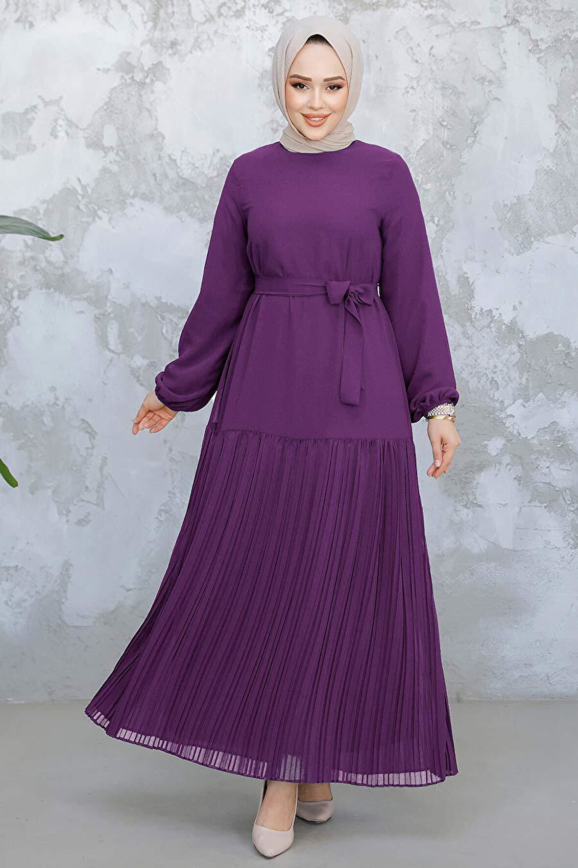 Etek Ucu Pileli Mürdüm Tesettür Elbise 23771MU