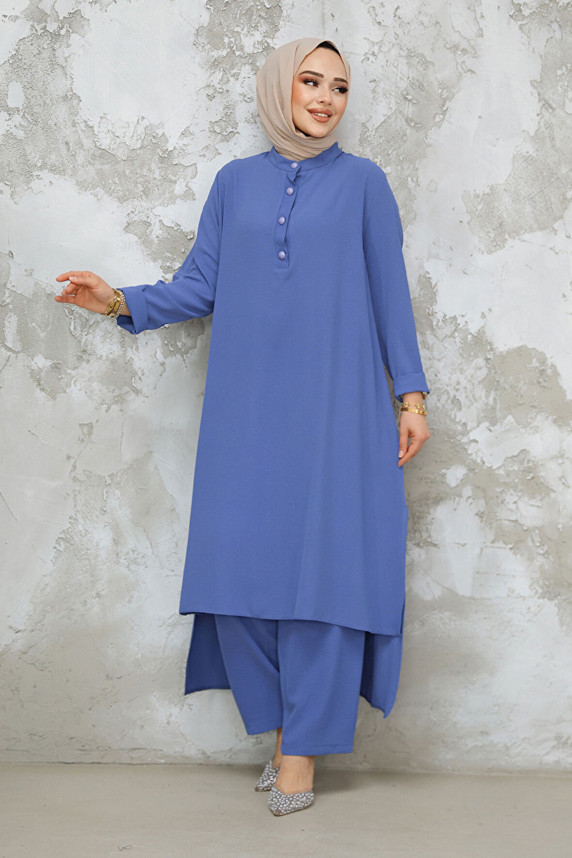Arkası Uzun İndigo Mavisi Tesettür İkili Takım 10102IM