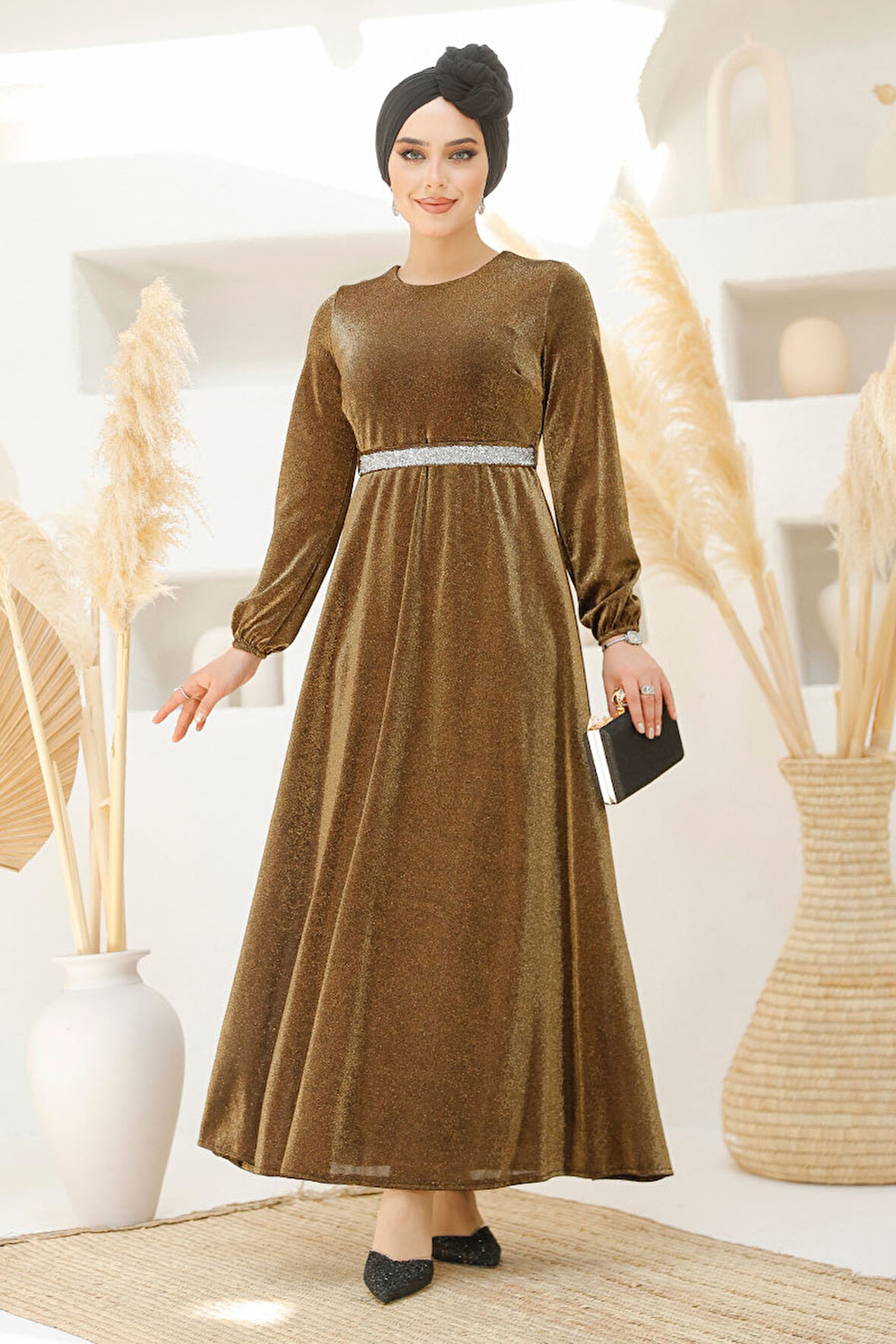 Simli Gold Tesettür Abiye Elbise 42541GOLD