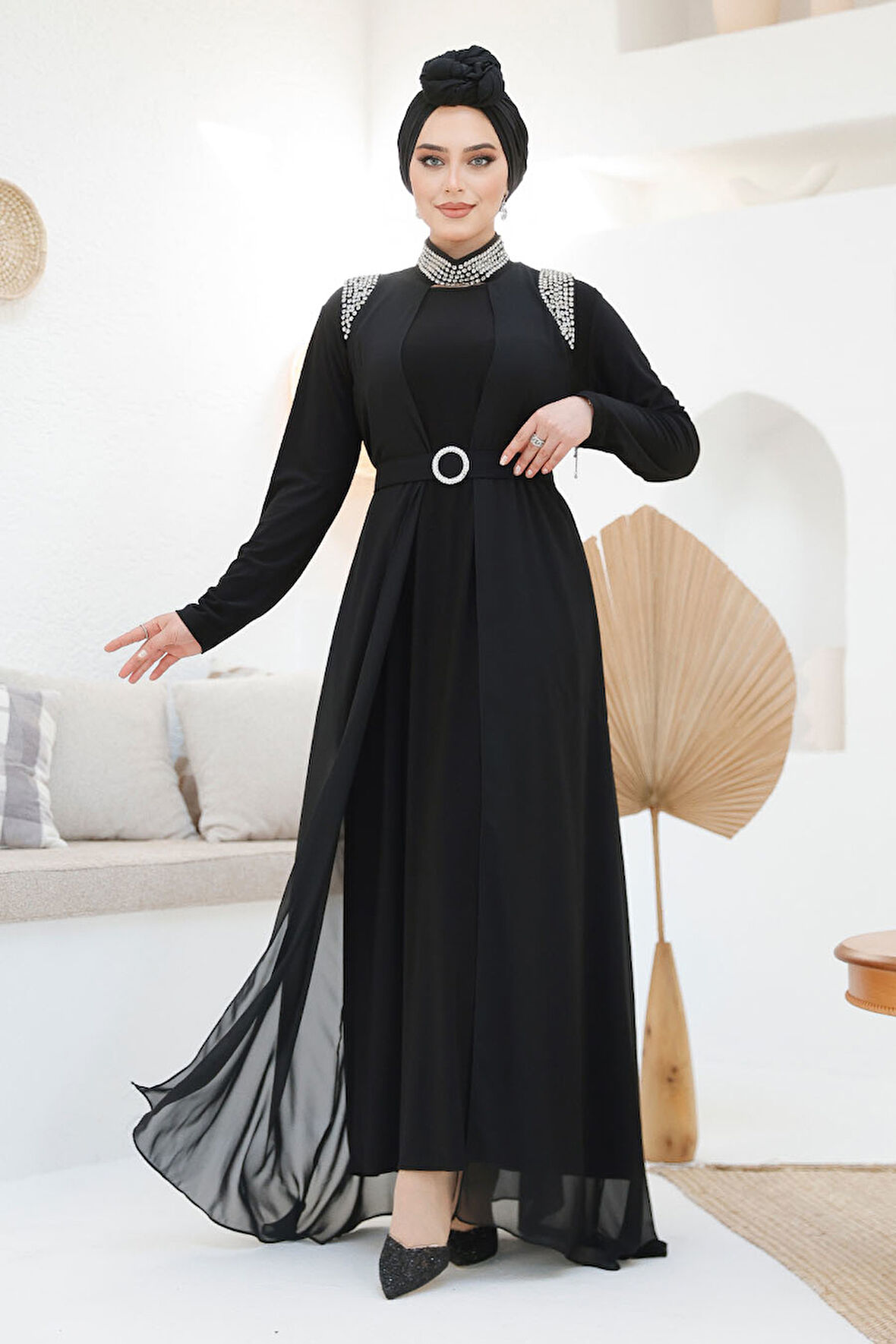 Boncuk İşlemeli Siyah Tesettür Abaya Takım 43201S
