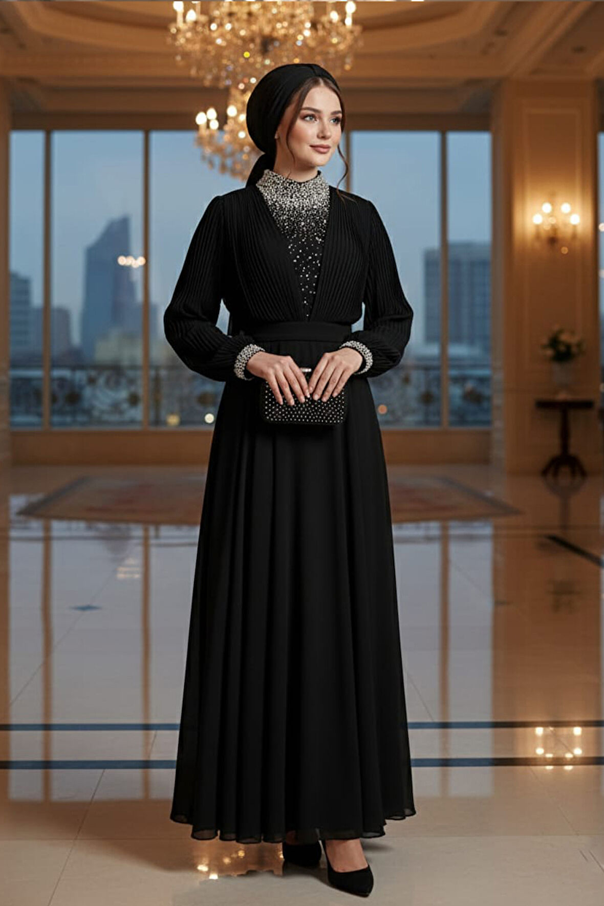  İnci İşlemeli Siyah Tesettür Abiye Elbise 46201S