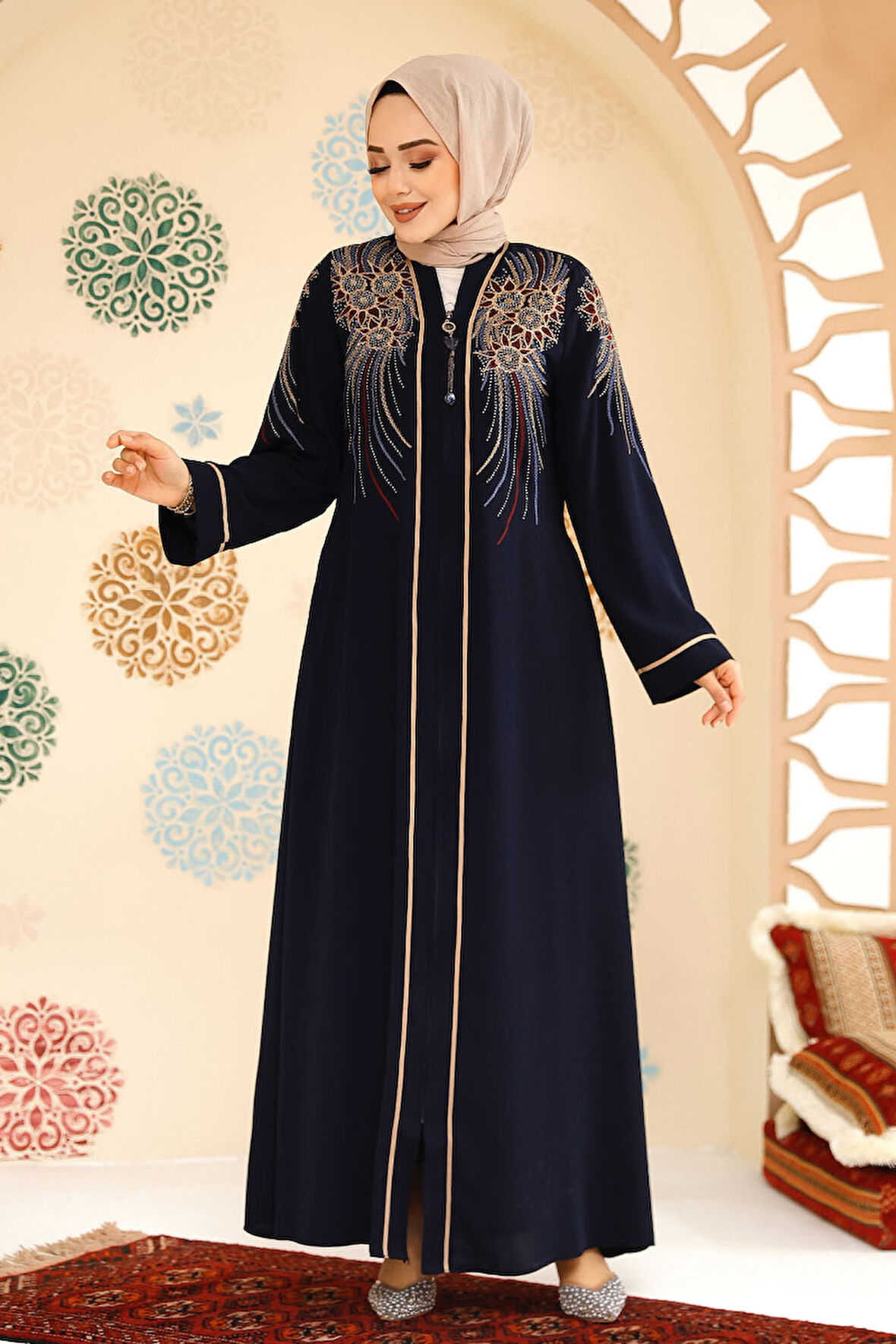 Desenli Fermuarlı Tesettür Abaya 41565DSN3