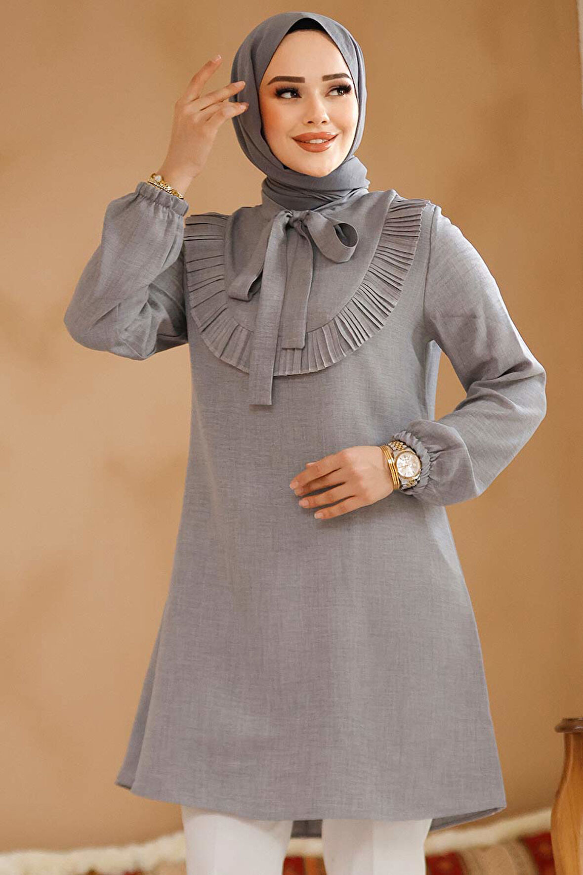 Fırfır Detaylı Gri Tesettür Tunik 6682GR