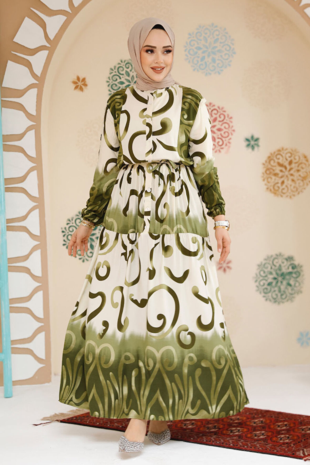 Desenli Haki Tesettür Elbise 10208HK