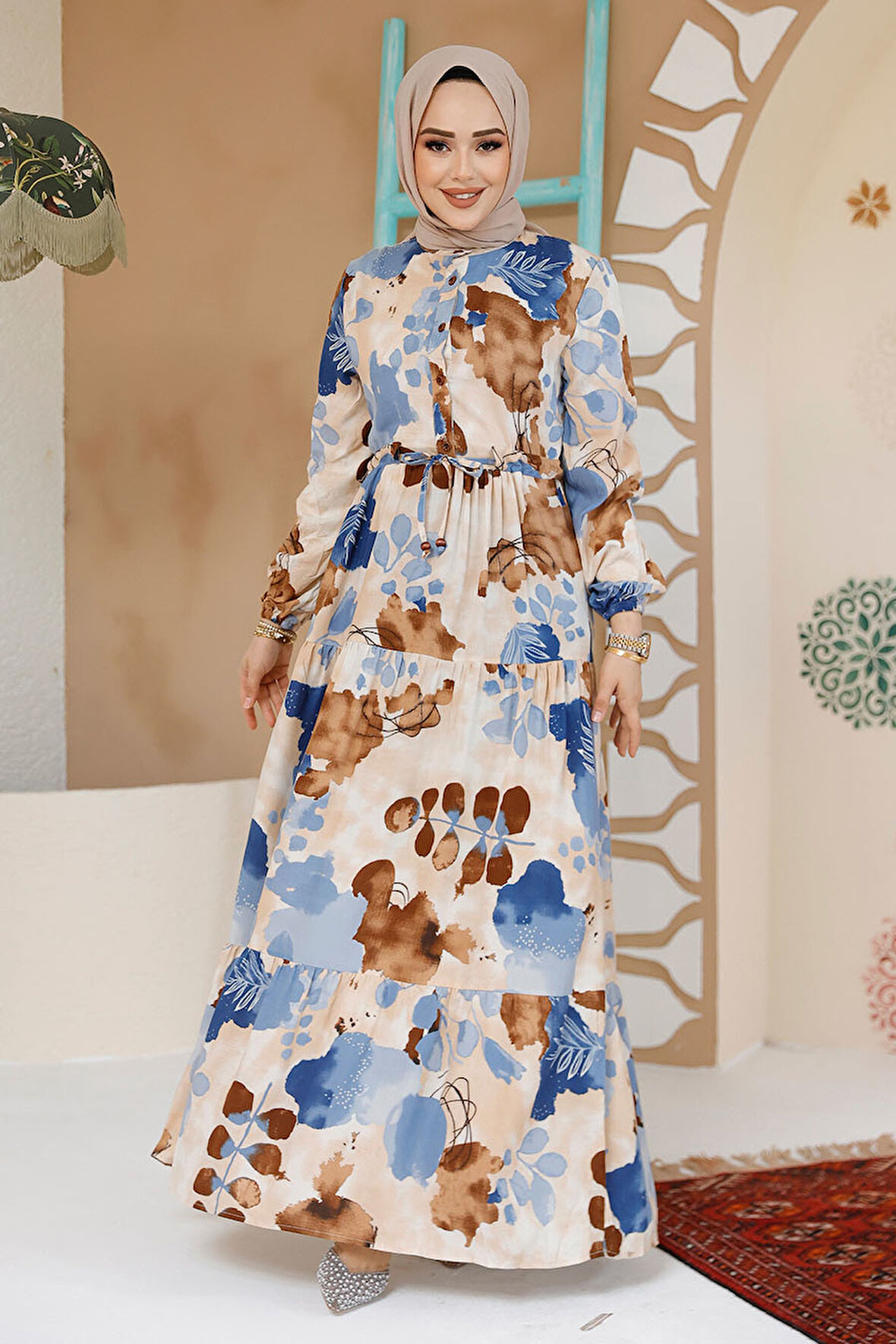 Çiçek Desenli Kahverengi Tesettür Elbise 10214KH