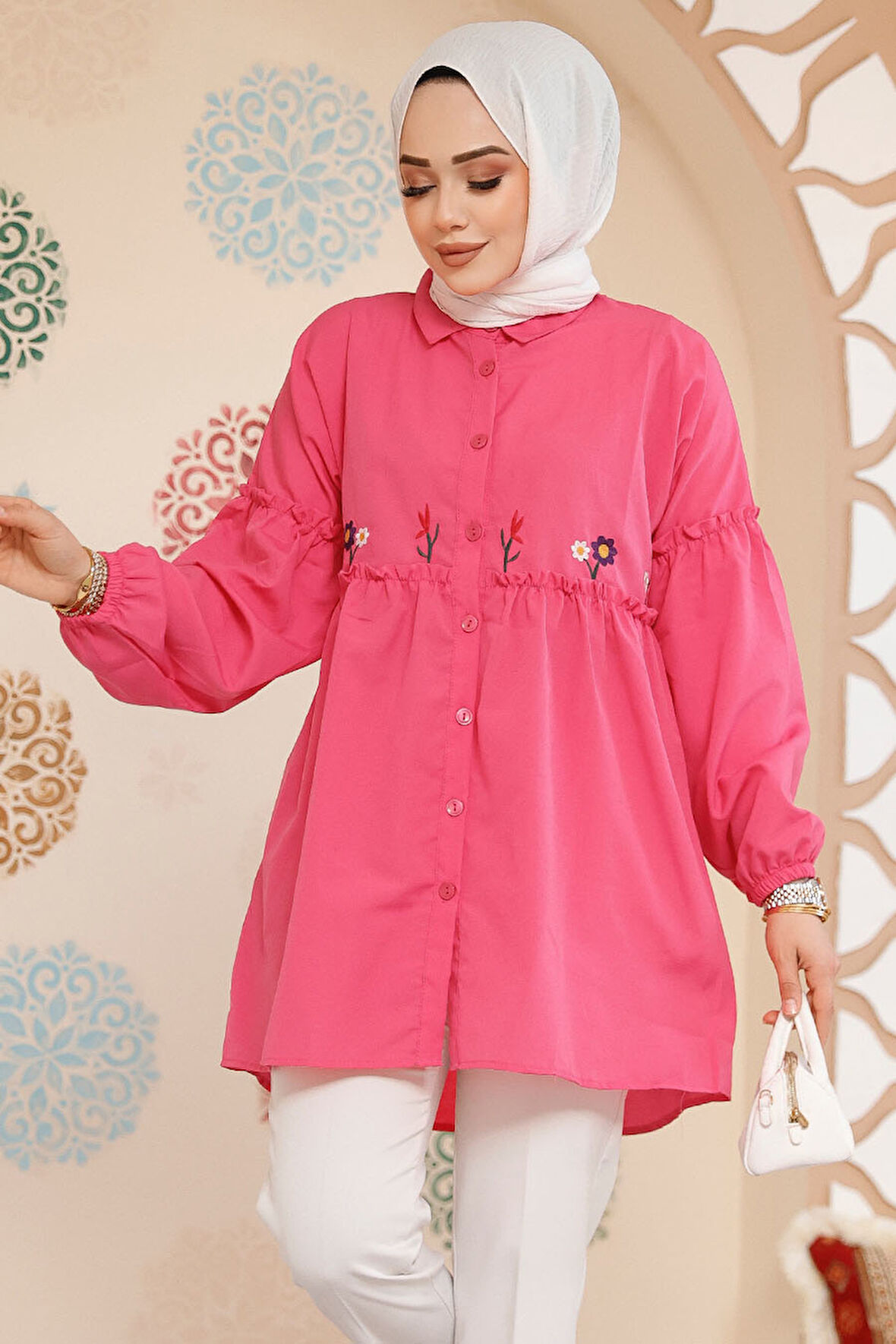 Nakış Desenli Fushia Tesettür Tunik 40603F