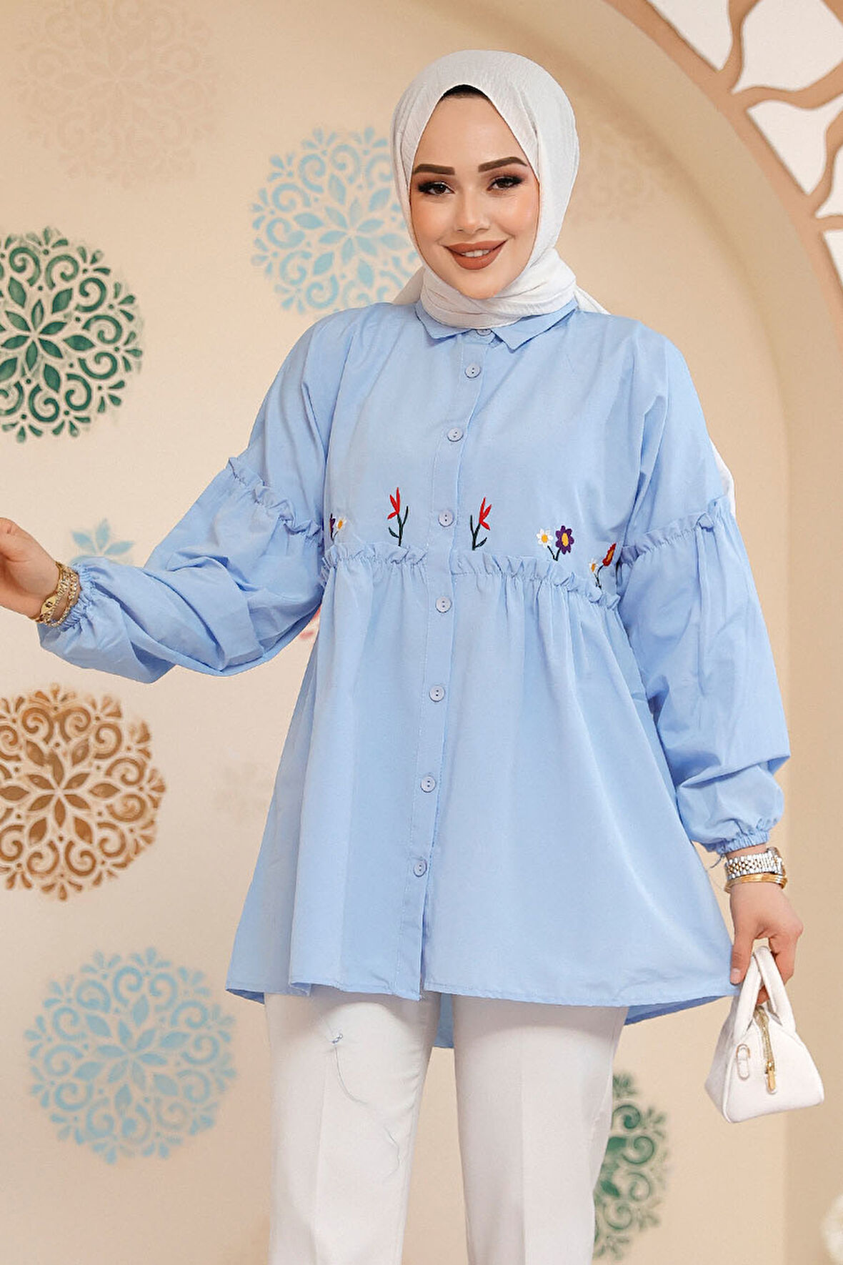 Nakış Desenli Bebek Mavisi Tesettür Tunik 40603BM