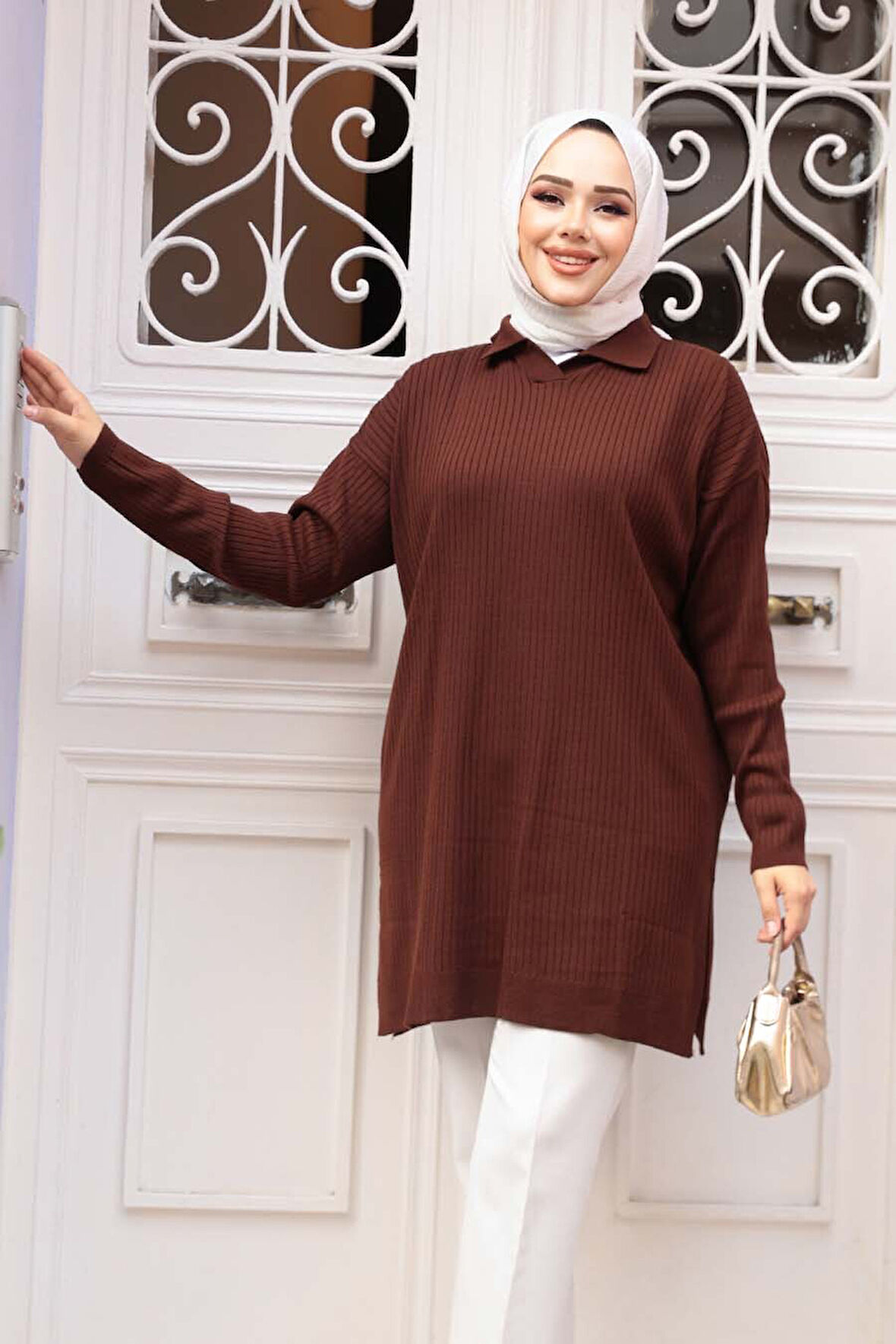Fitilli Koyu Kahverengi Tesettür Triko Tunik 65903KKH