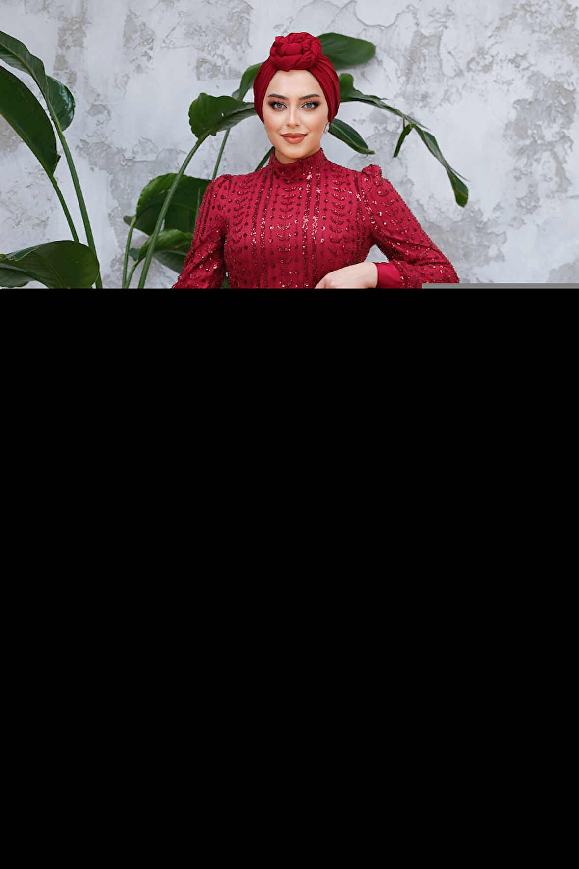 Boncuk İşlemeli Bordo Tesettür Abiye Elbise 4891BR