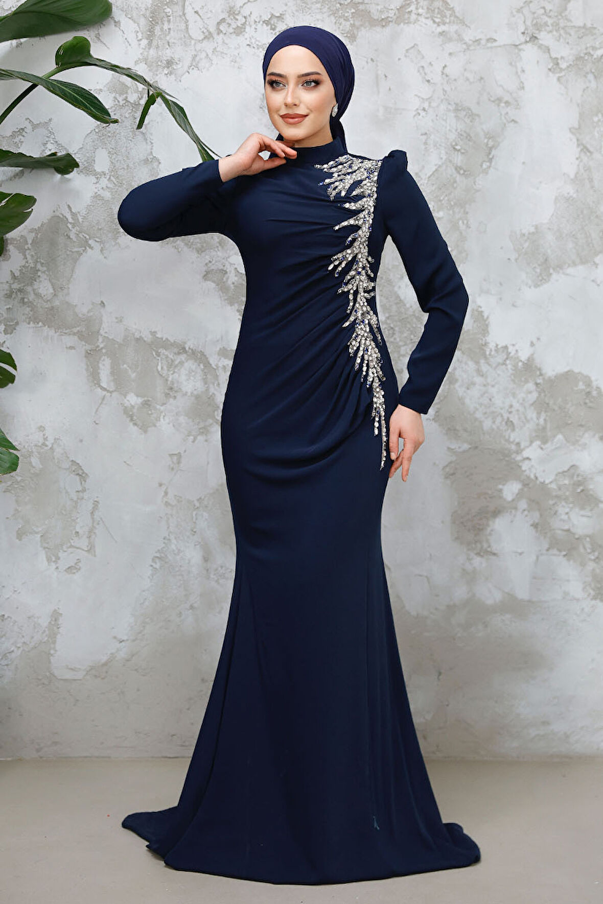 Boncuk İşlemeli Lacivert Tesettür Abiye Elbise 4964L