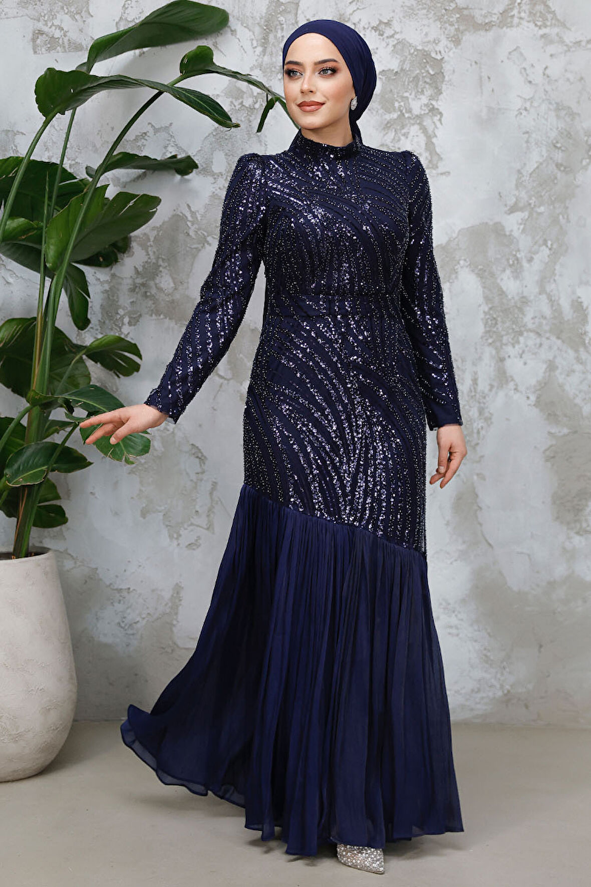 Boncuk İşlemeli Lacivert Tesettür Abiye Elbise 50261L