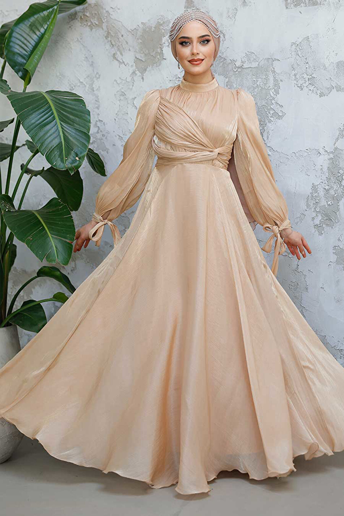 Drape Detaylı Bisküvi Tesettür Abiye Elbise 4823BS
