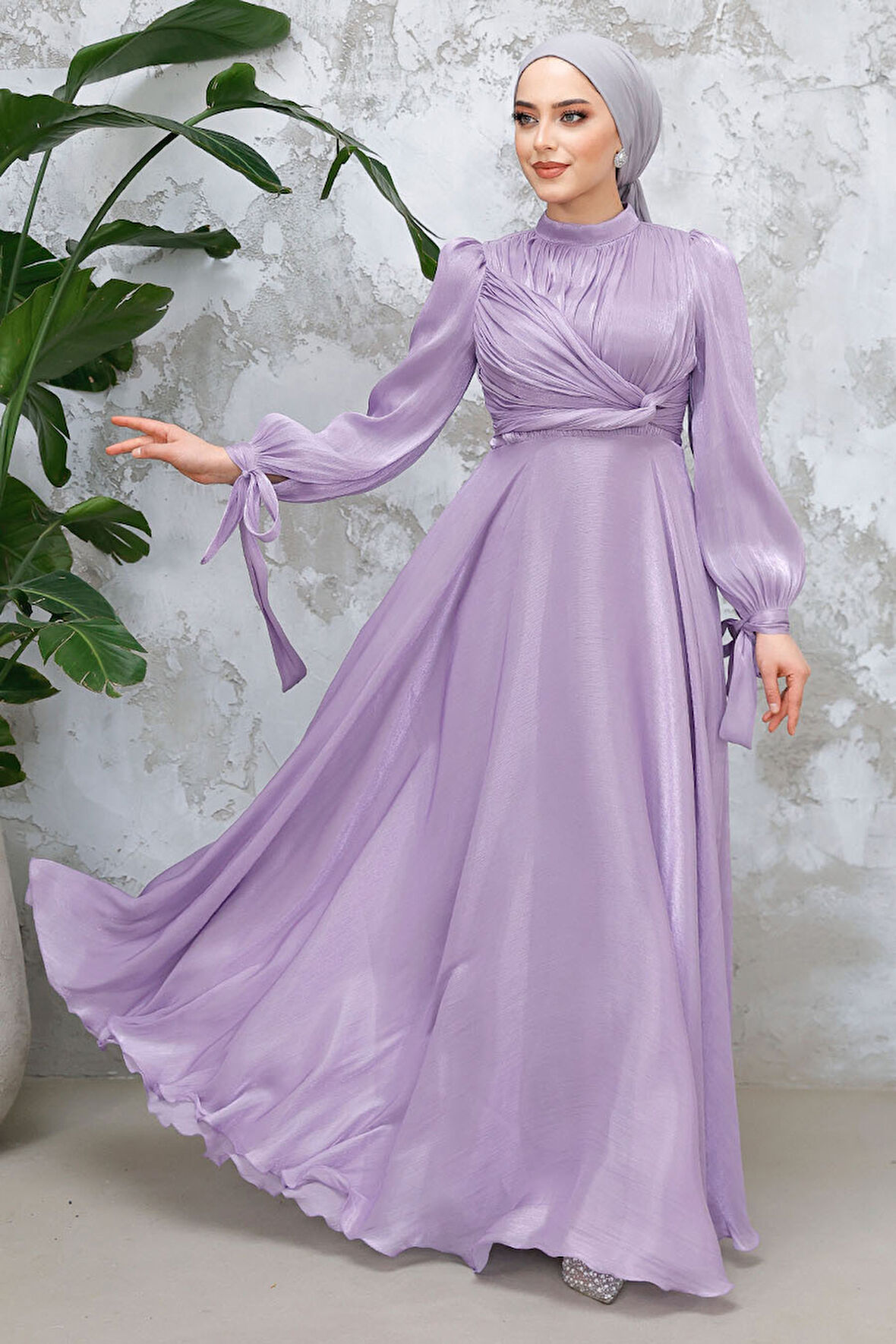 Drape Detaylı Lila Tesettür Abiye Elbise 4823LILA
