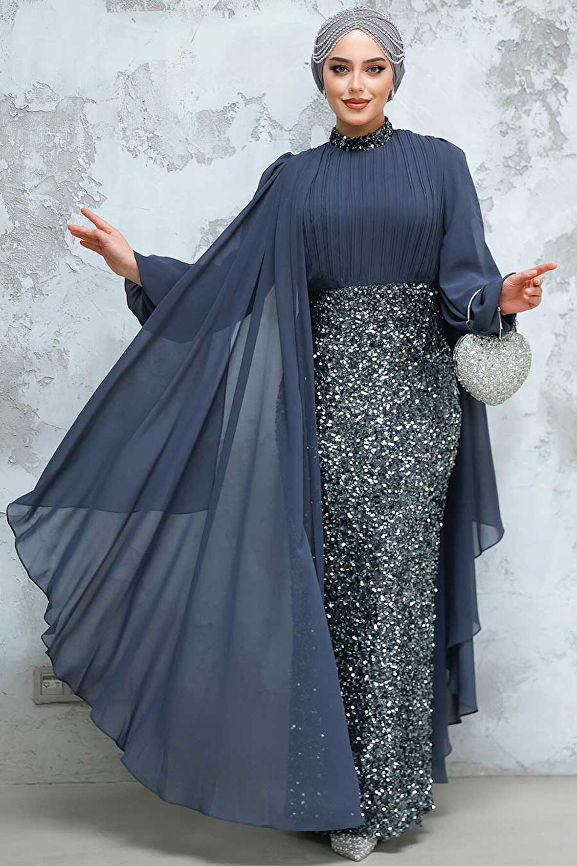 Payetli Füme Tesettür Abiye Elbise 50231FU