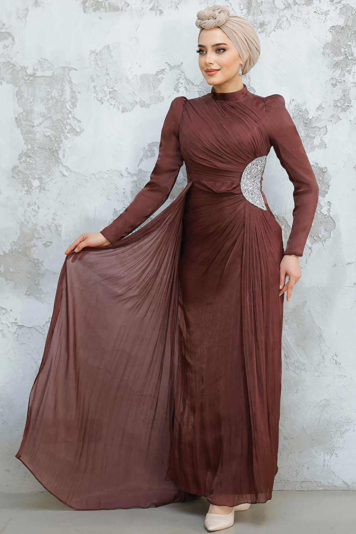 - Drape Detaylı Kahverengi Tesettür Abiye Elbise 4919KH