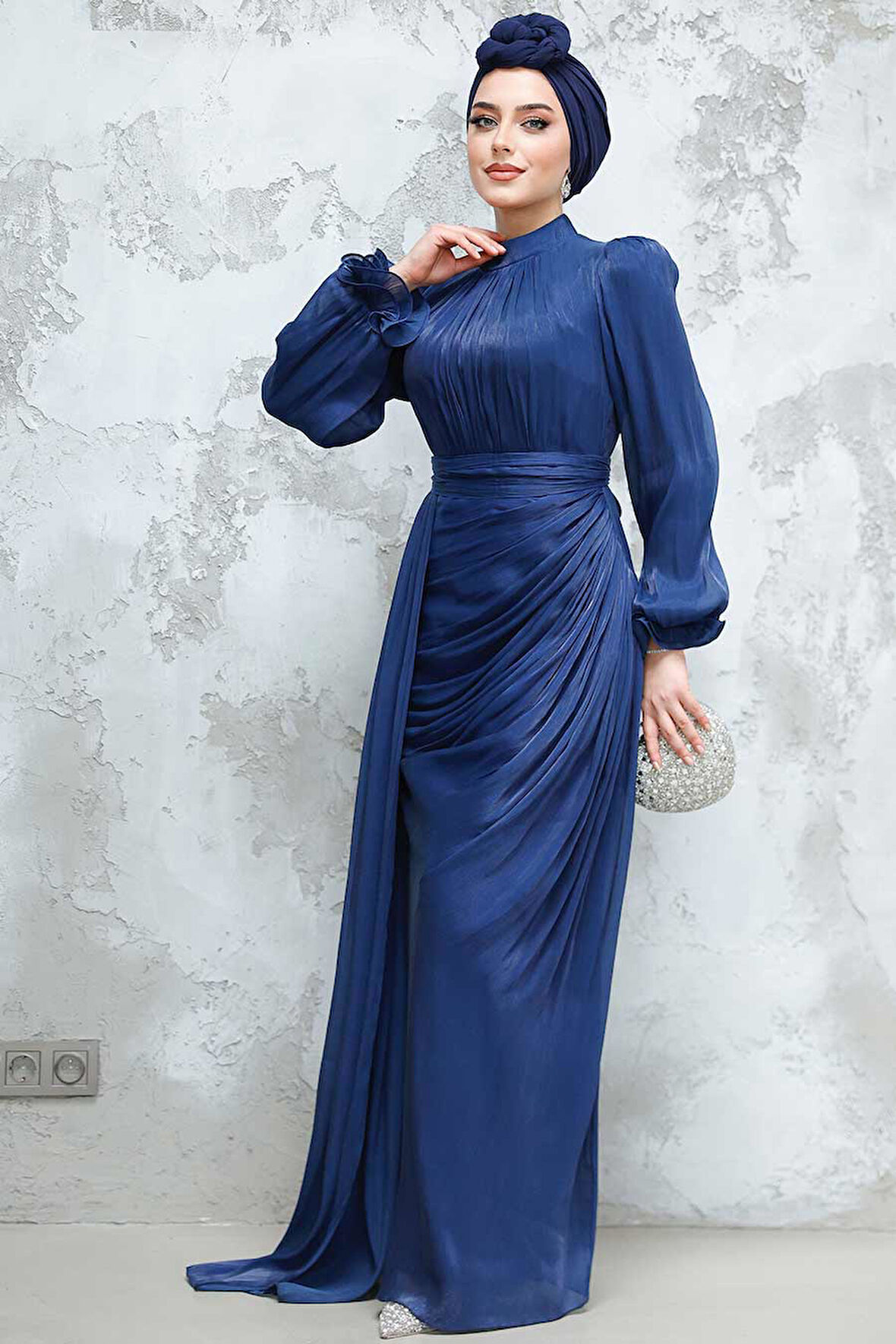 Drape Lacivert Tesettür Abiye Elbise 4934L