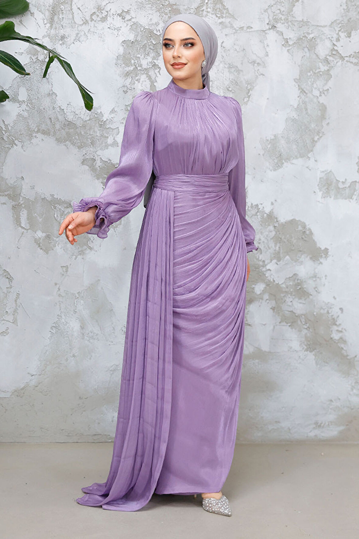 Drape Detaylı Lila Tesettür Abiye Elbise 4934LILA