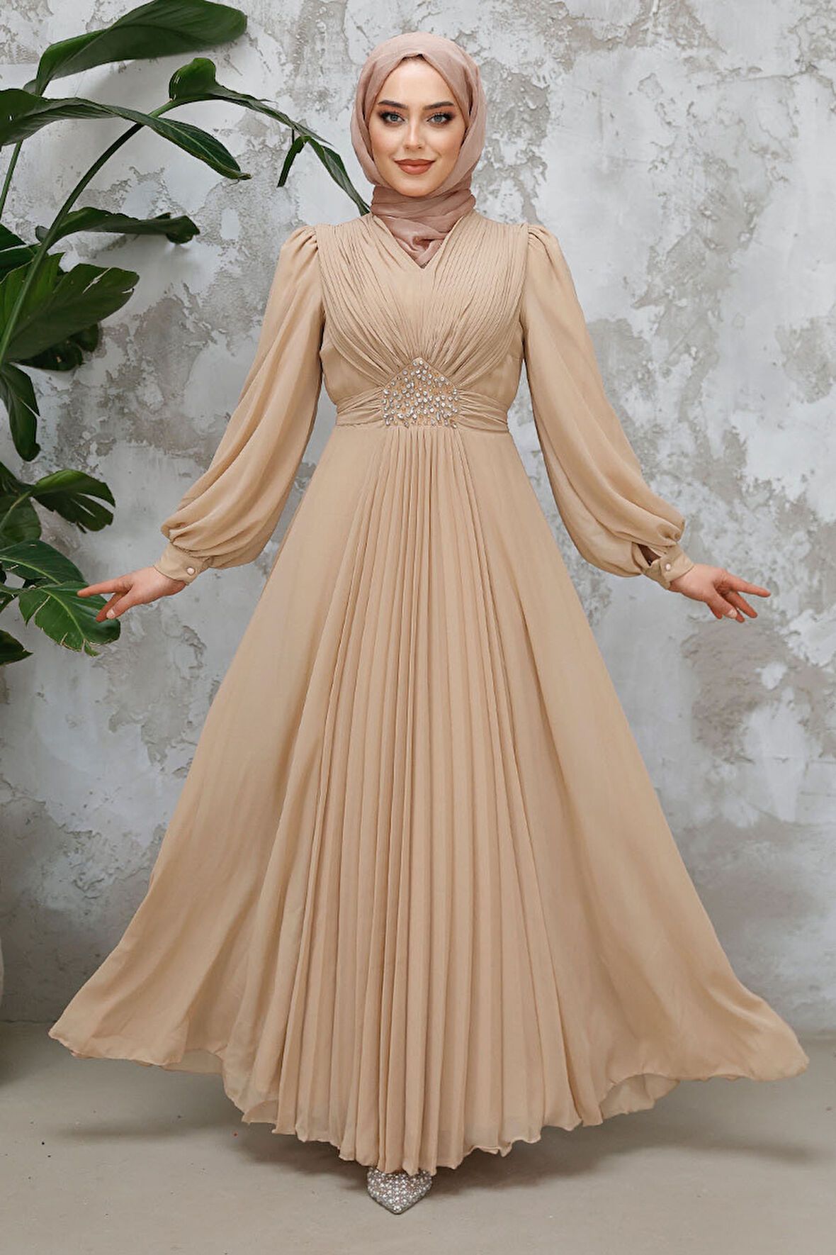 Drape Detaylı Bisküvi Tesettür Abiye Elbise 4448BS