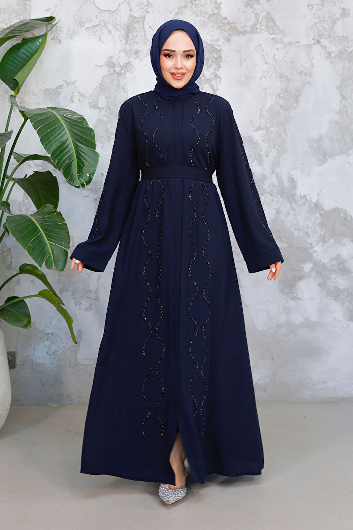 Boncuk İşlemeli Lacivert Tesettür Abaya 29117L
