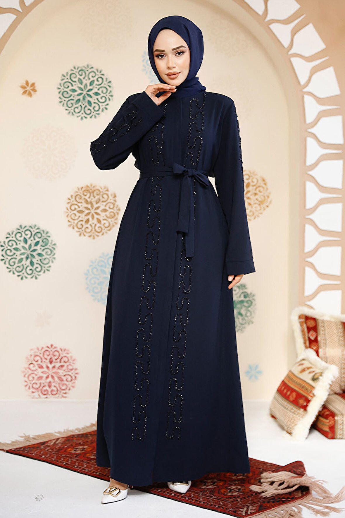 Boncuk İşlemeli Lacivert Tesettür Abaya 29118L