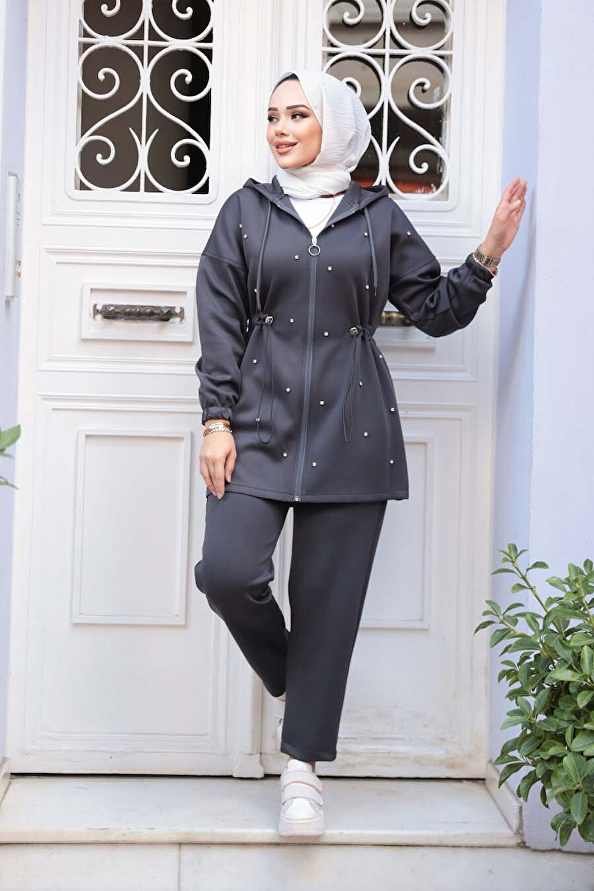 Kapşonlu Füme Tesettür İkili Takım 12271FU