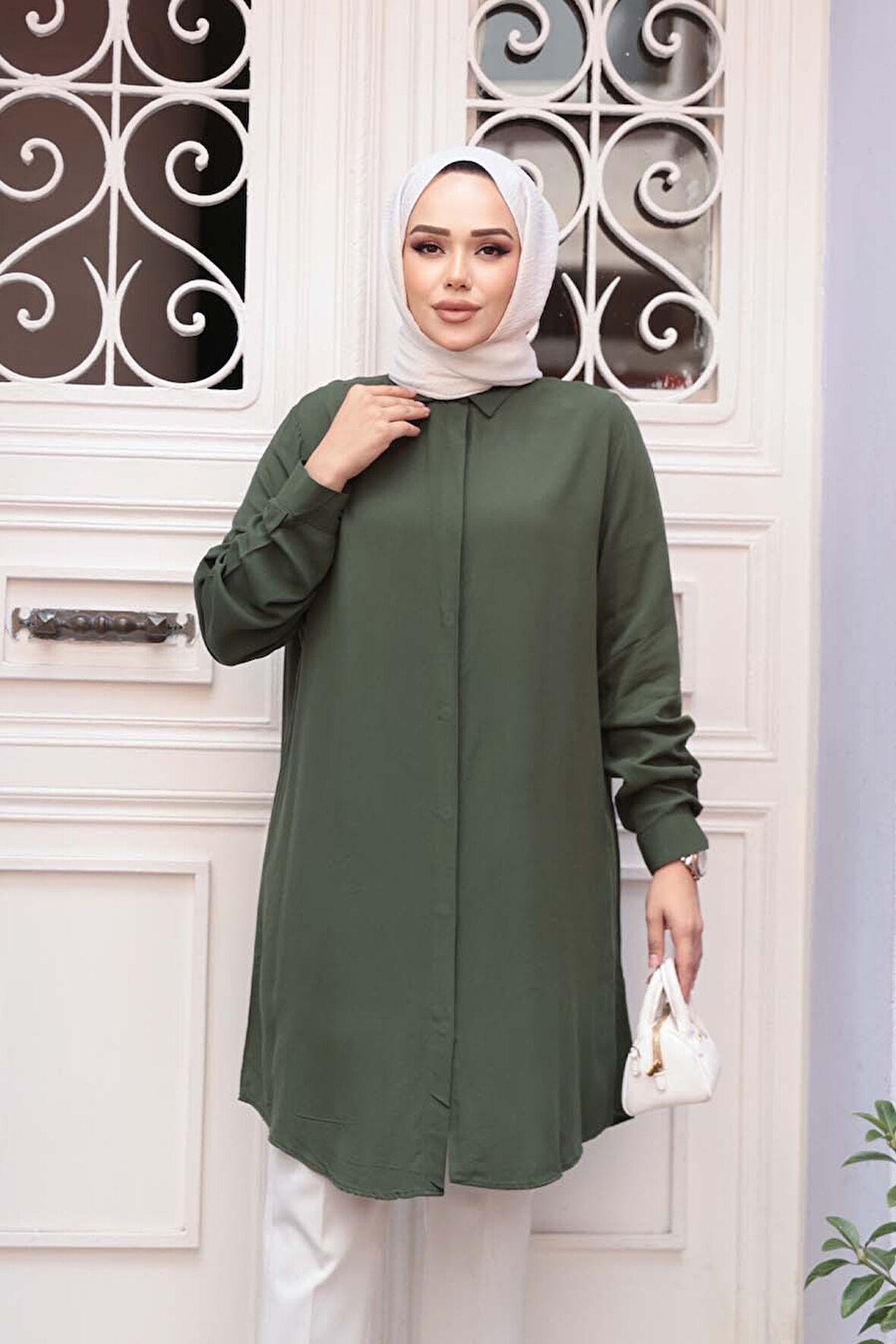 Düğmeli Açık Haki Tesettür Tunik 11715AHK