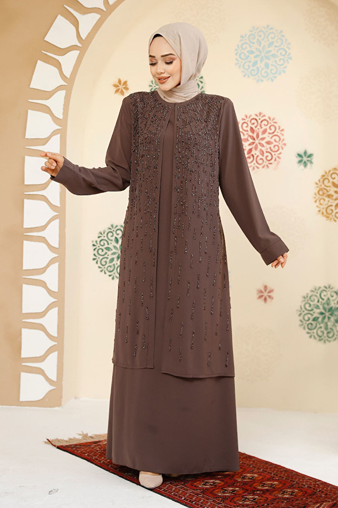 Boncuk İşlemeli Kahverengi Tesettür Abaya 29119KH