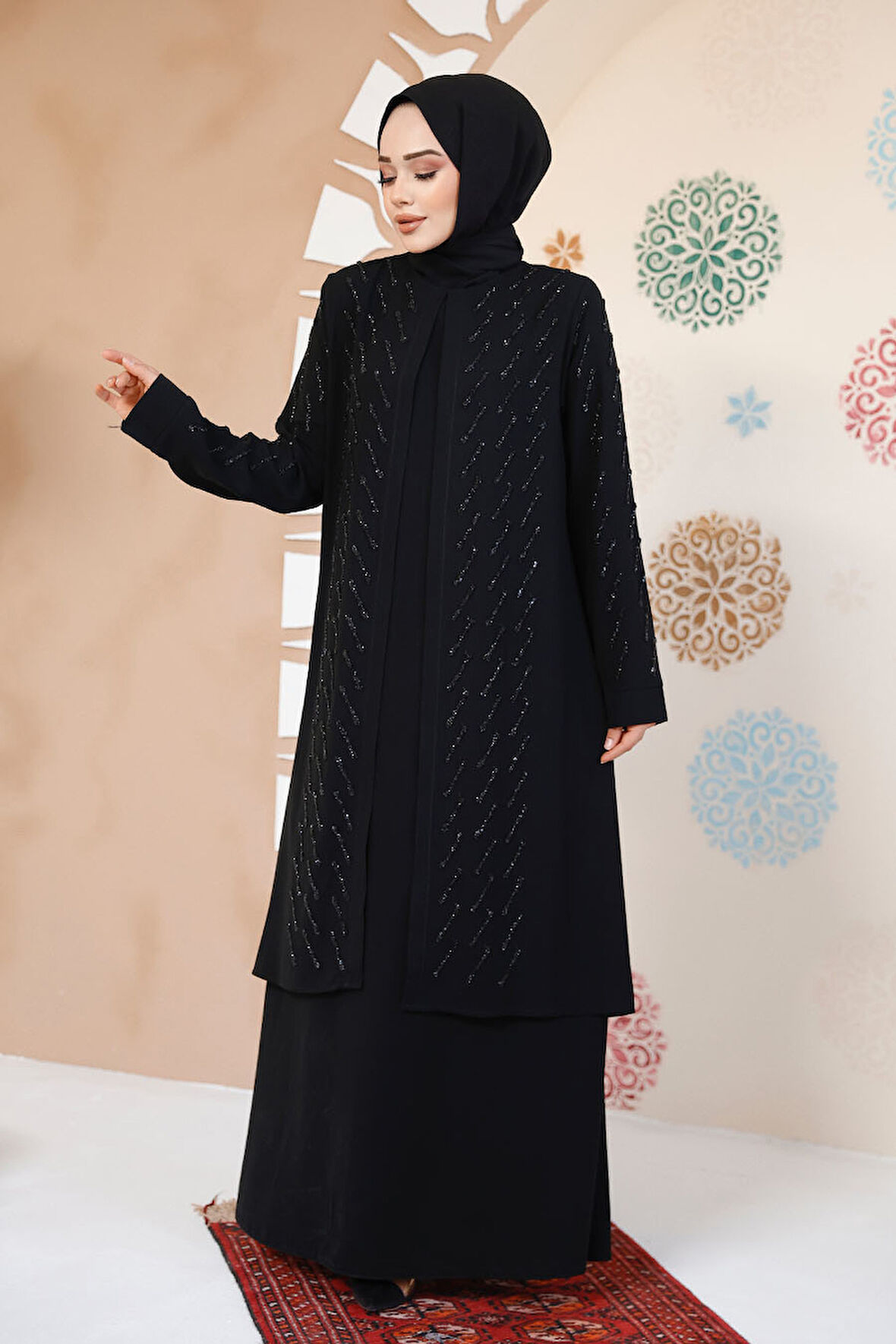 Boncuk İşlemeli Siyah Tesettür Abaya 29120S