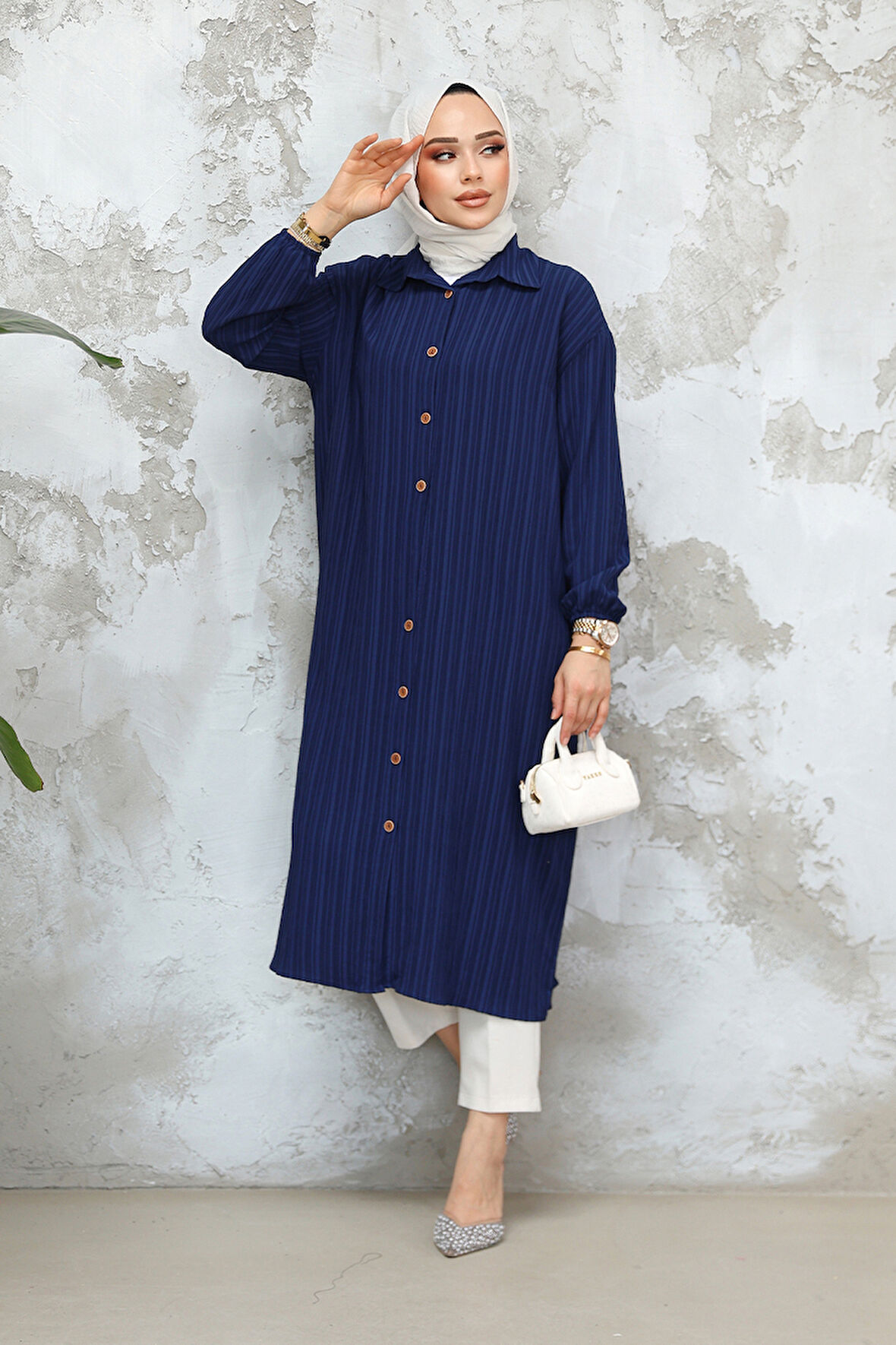 Düğmeli Lacivert Tesettür Tunik 45071L