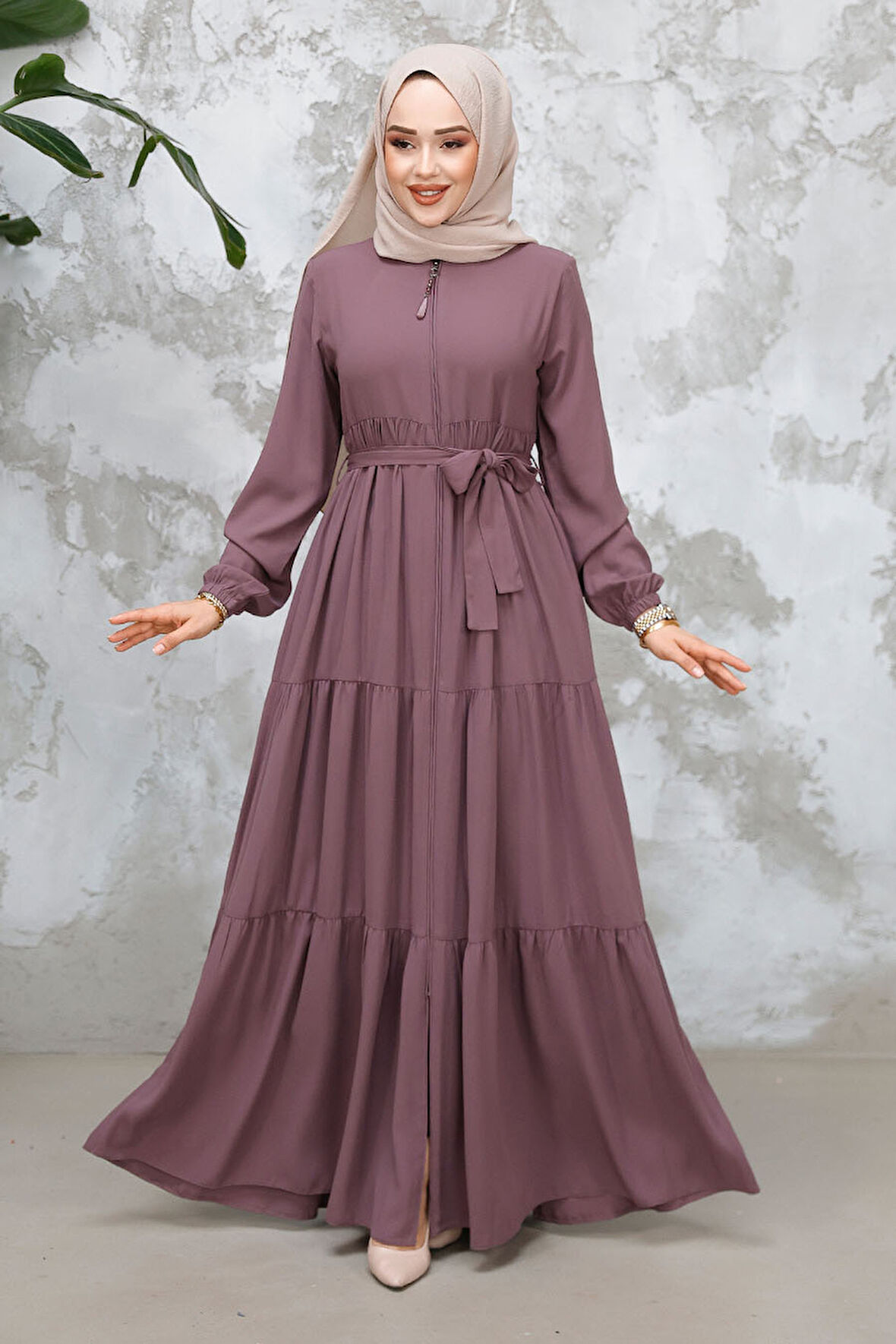 Kat Piliseli Gül Kurusu Tesettür Abaya 80781GK