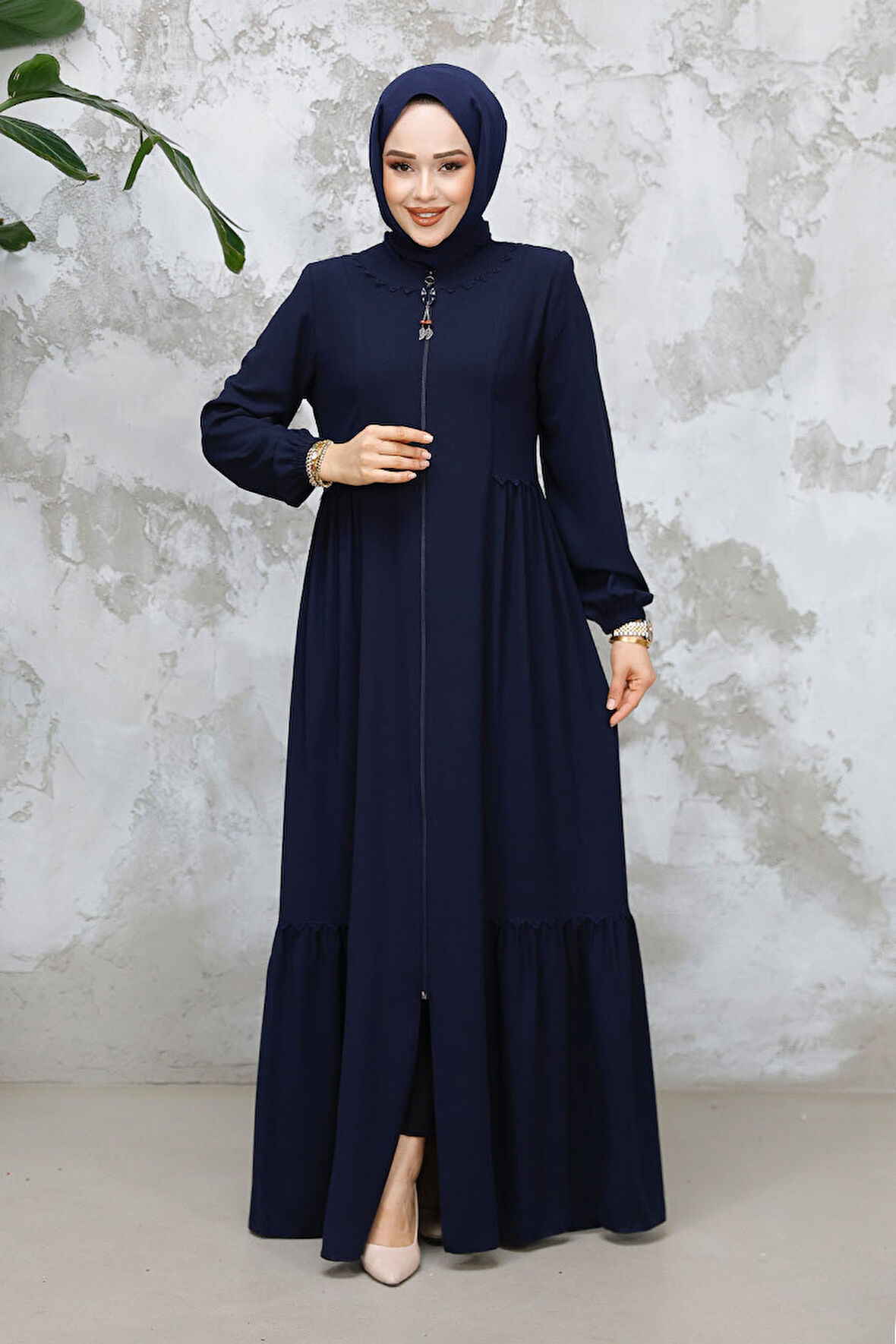 Fermuarlı Lacivert Tesettür Abaya 8133L
