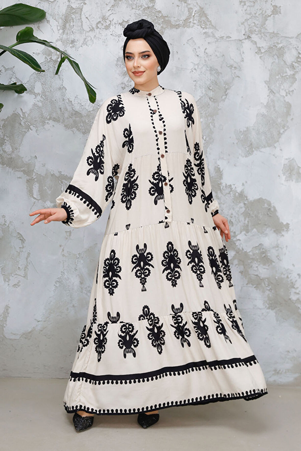 Çiçek Desenli Bej Tesettür Elbise 25491BEJ