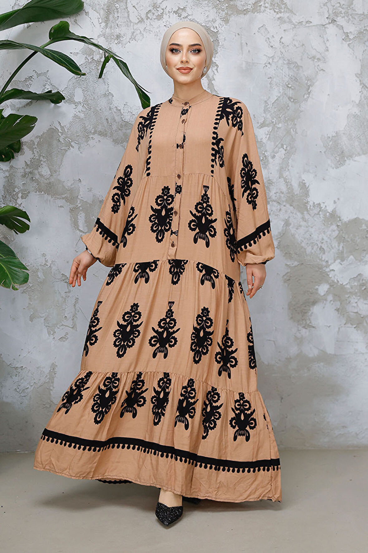 Çiçek Desenli Camel Tesettür Elbise 25491C