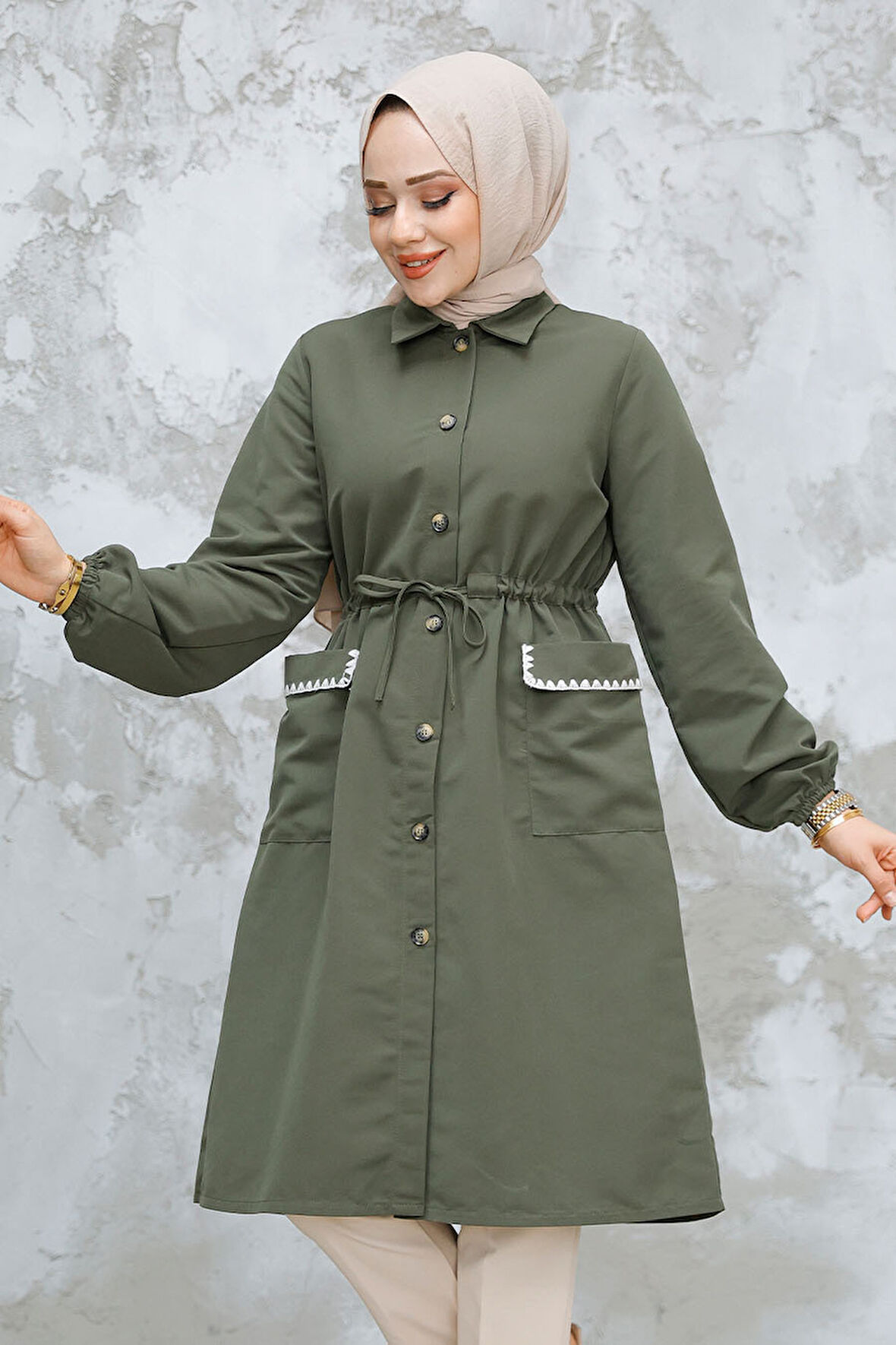 Düğmeli Haki Tesettür Kap 91781HK