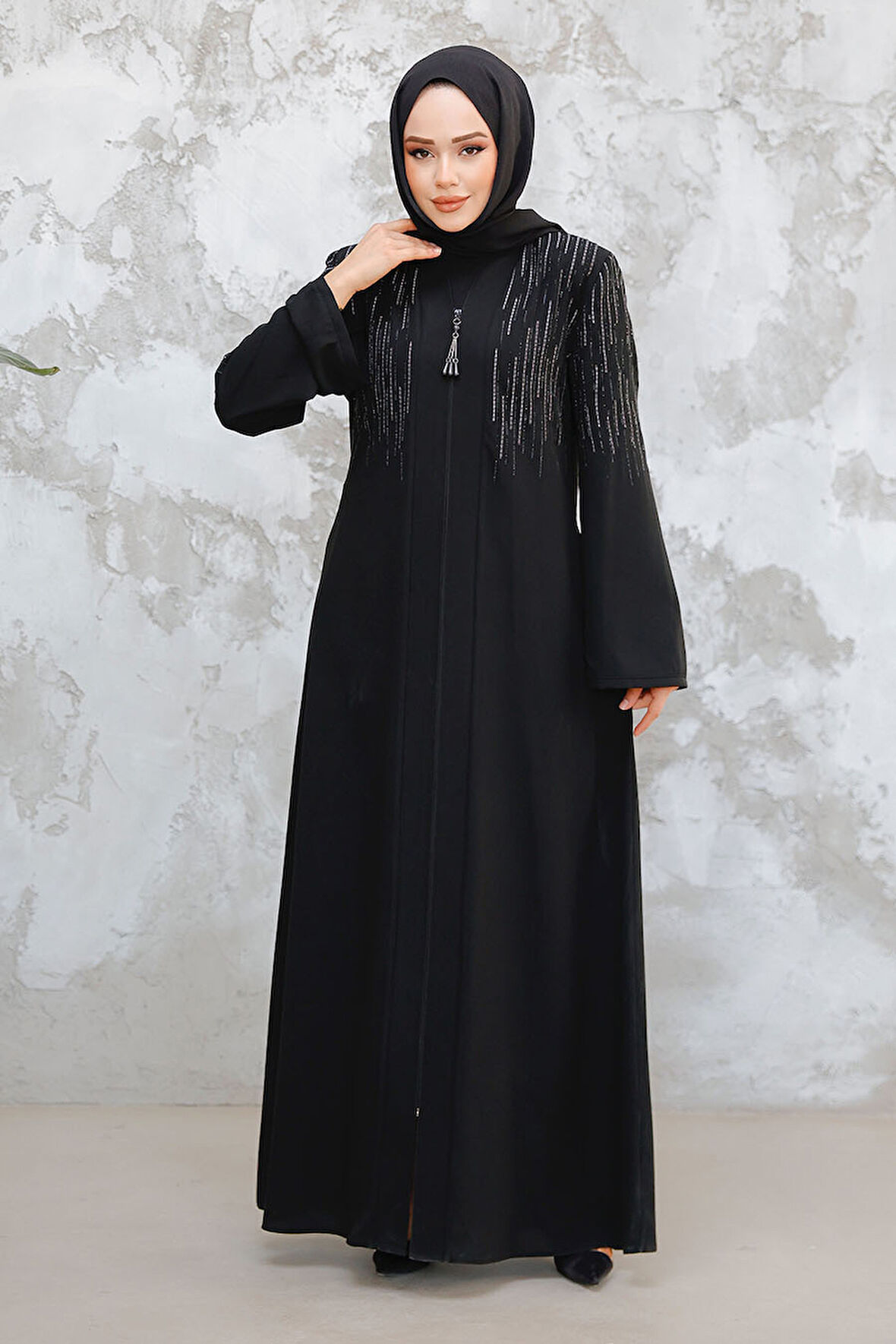 Desenli Siyah Tesettür Abaya 15079S